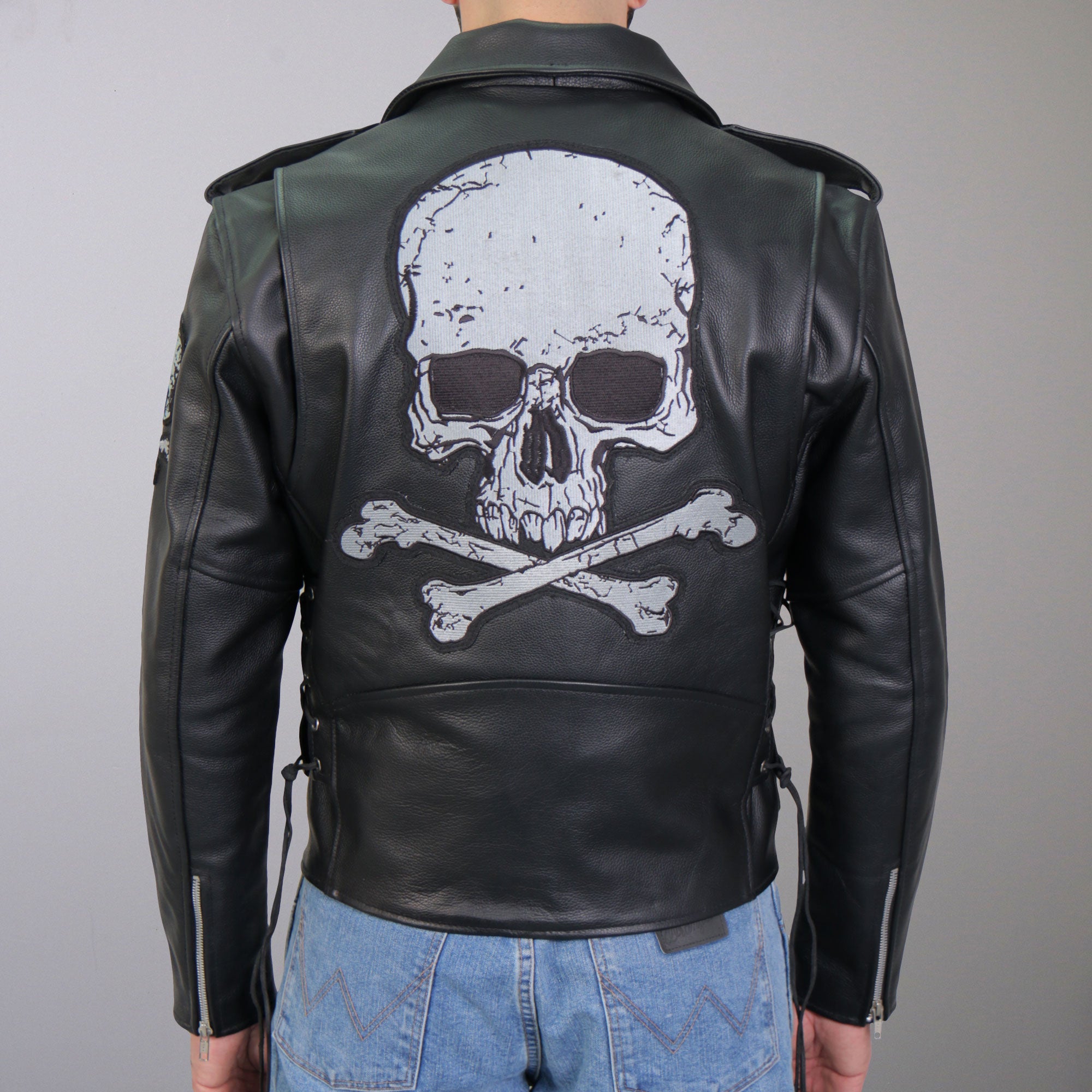JKM2001 Men’s Black ‘Skull And Crossbones' Motorcycle Leather Biker Jacket