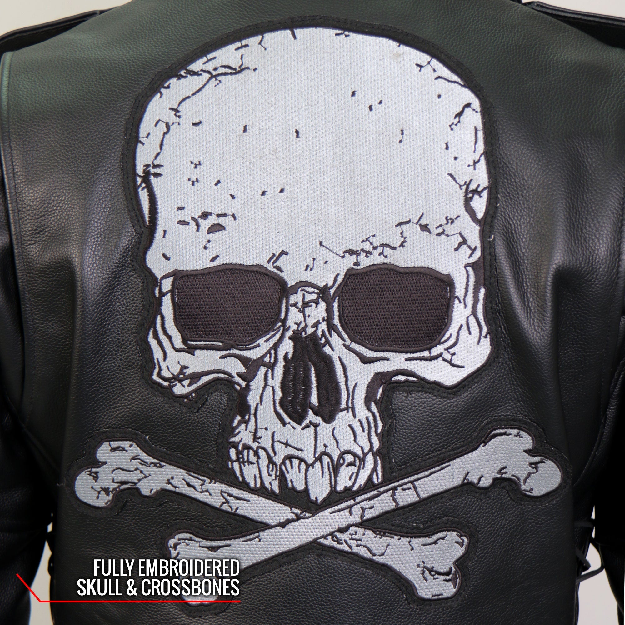 JKM2001 Men’s Black ‘Skull And Crossbones' Motorcycle Leather Biker Jacket