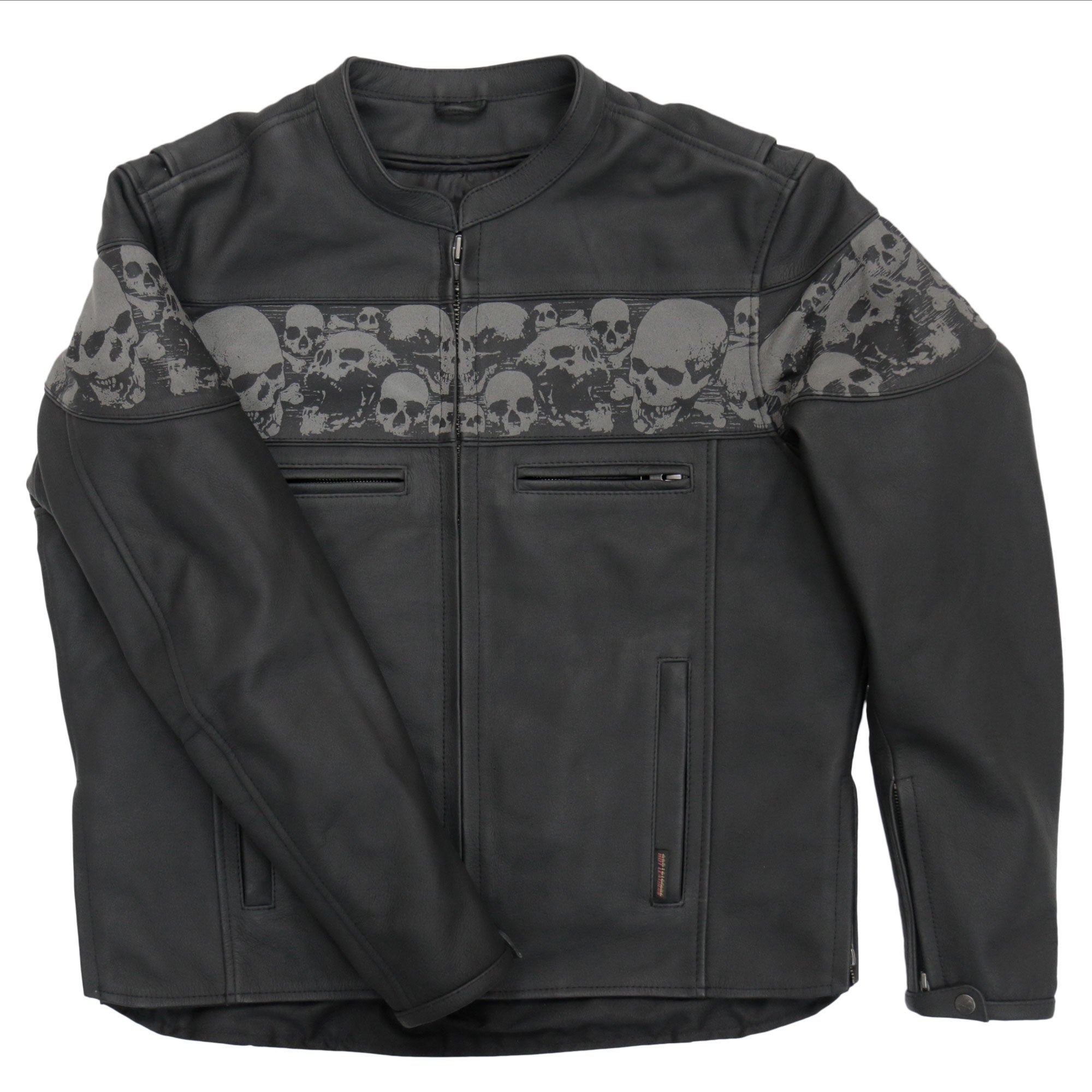 JKM2002 Men’s Black Biker ‘Reflective Skull' Printed Leather Motorcycle Jacket with Concealed Carry Pockets