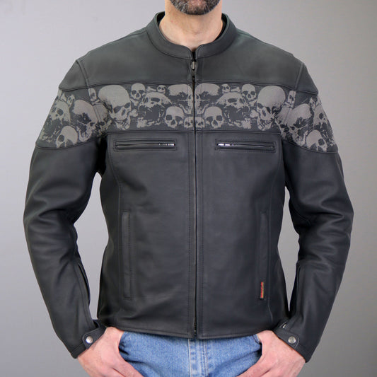 JKM2002 Men’s Black Biker ‘Reflective Skull' Printed Leather Motorcycle Jacket with Concealed Carry Pockets