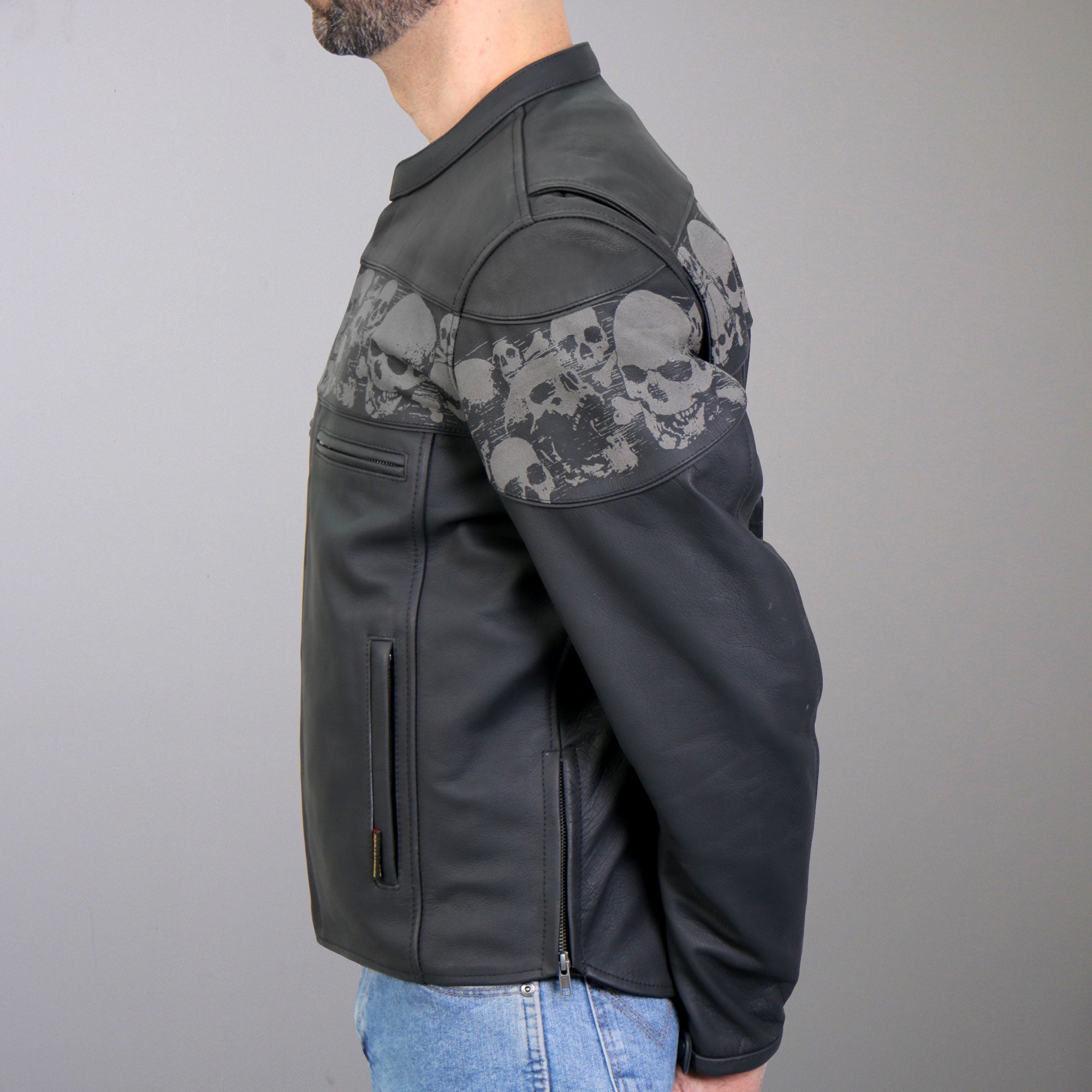 JKM2002 Men’s Black Biker ‘Reflective Skull' Printed Leather Motorcycle Jacket with Concealed Carry Pockets