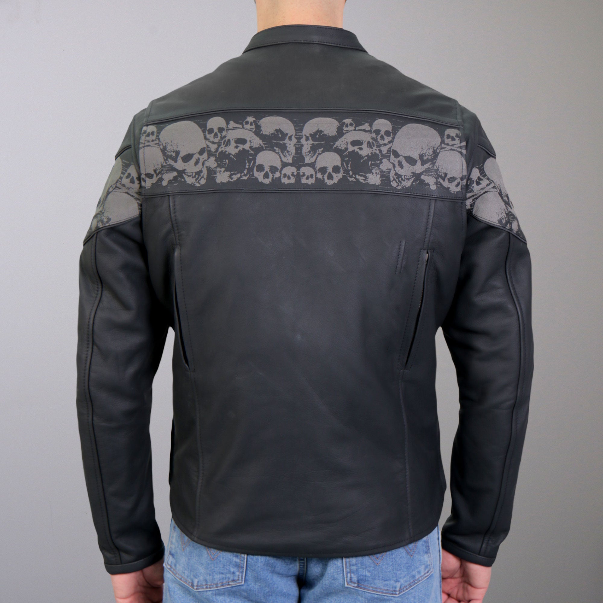 JKM2002 Men’s Black Biker ‘Reflective Skull' Printed Leather Motorcycle Jacket with Concealed Carry Pockets