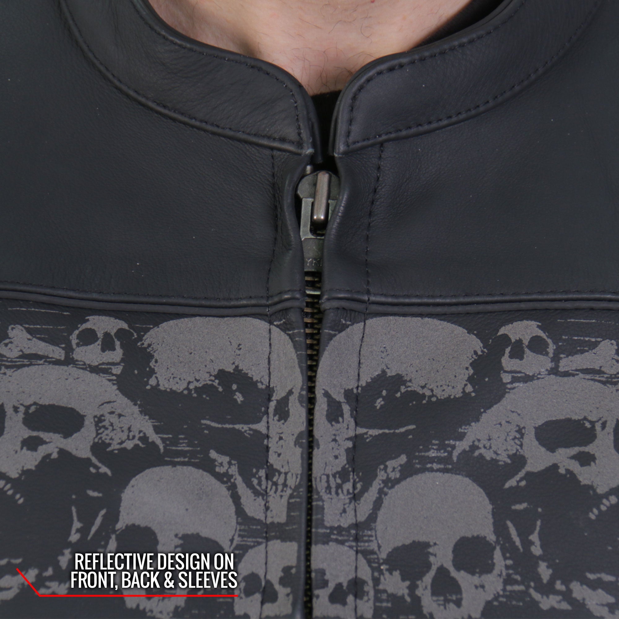 JKM2002 Men’s Black Biker ‘Reflective Skull' Printed Leather Motorcycle Jacket with Concealed Carry Pockets