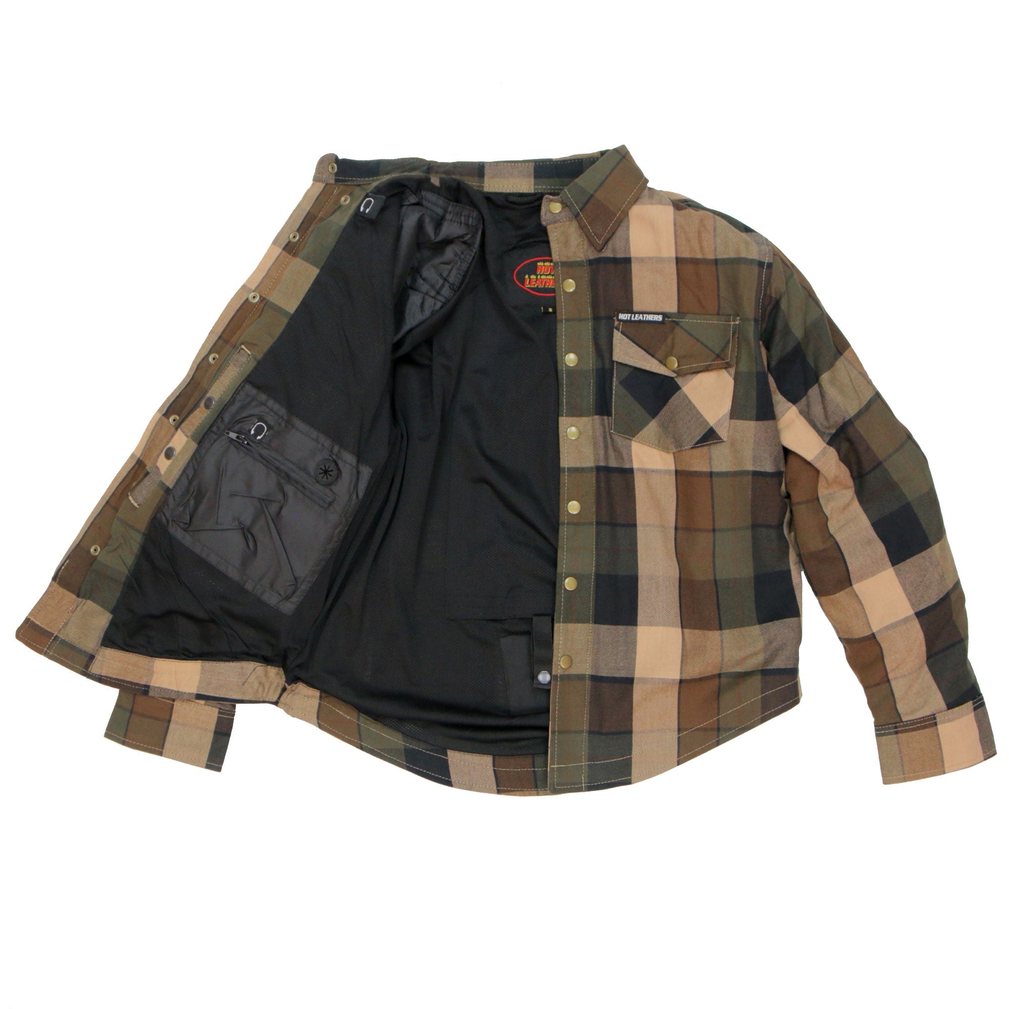 JKM3007 Men's Motorcycle Black and Brown Armored Flannel Biker Shirt