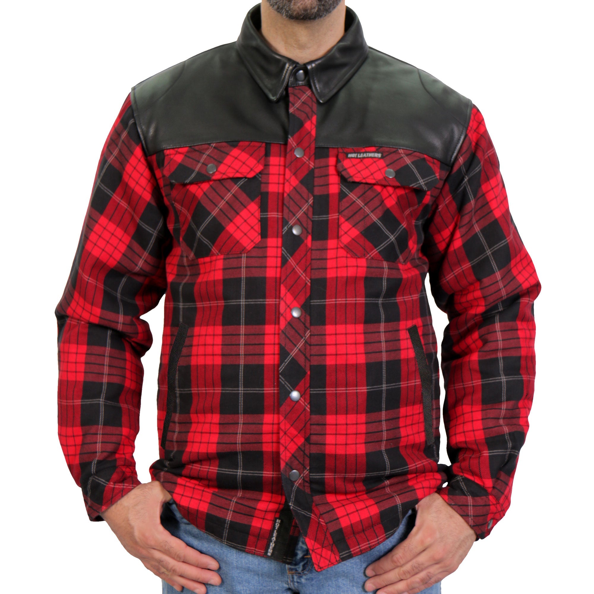 JKM3201 Men's Motorcycle style Red and Black Kevlar Reinforced Leather and Plaid Flannel Biker Shirt