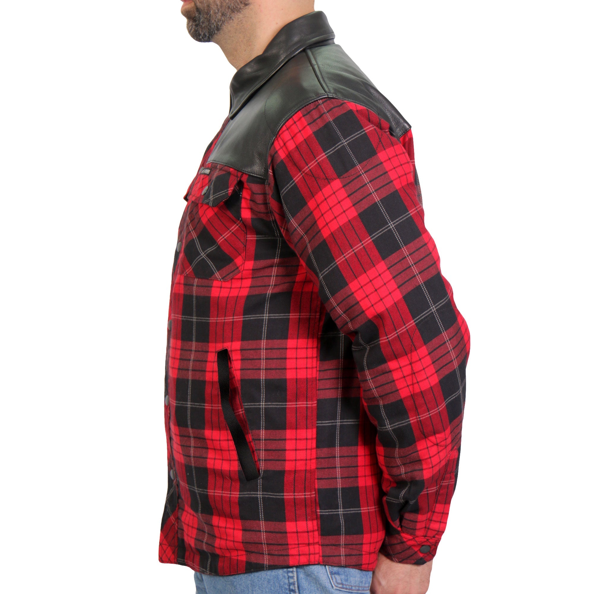 JKM3201 Men's Motorcycle style Red and Black Kevlar Reinforced Leather and Plaid Flannel Biker Shirt
