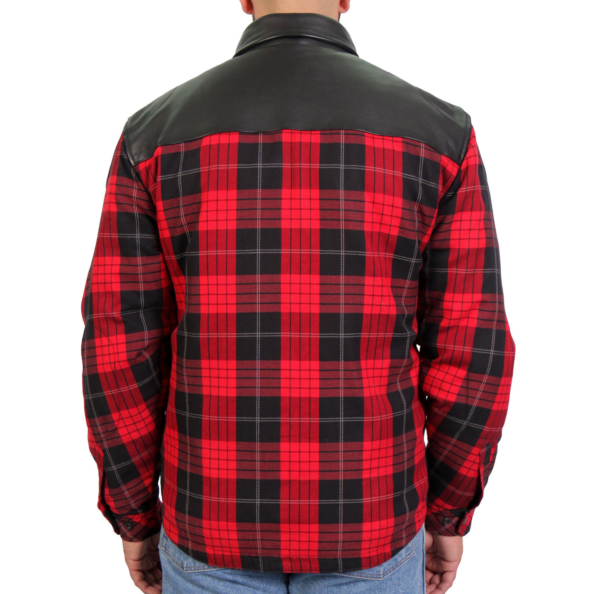 JKM3201 Men's Motorcycle style Red and Black Kevlar Reinforced Leather and Plaid Flannel Biker Shirt
