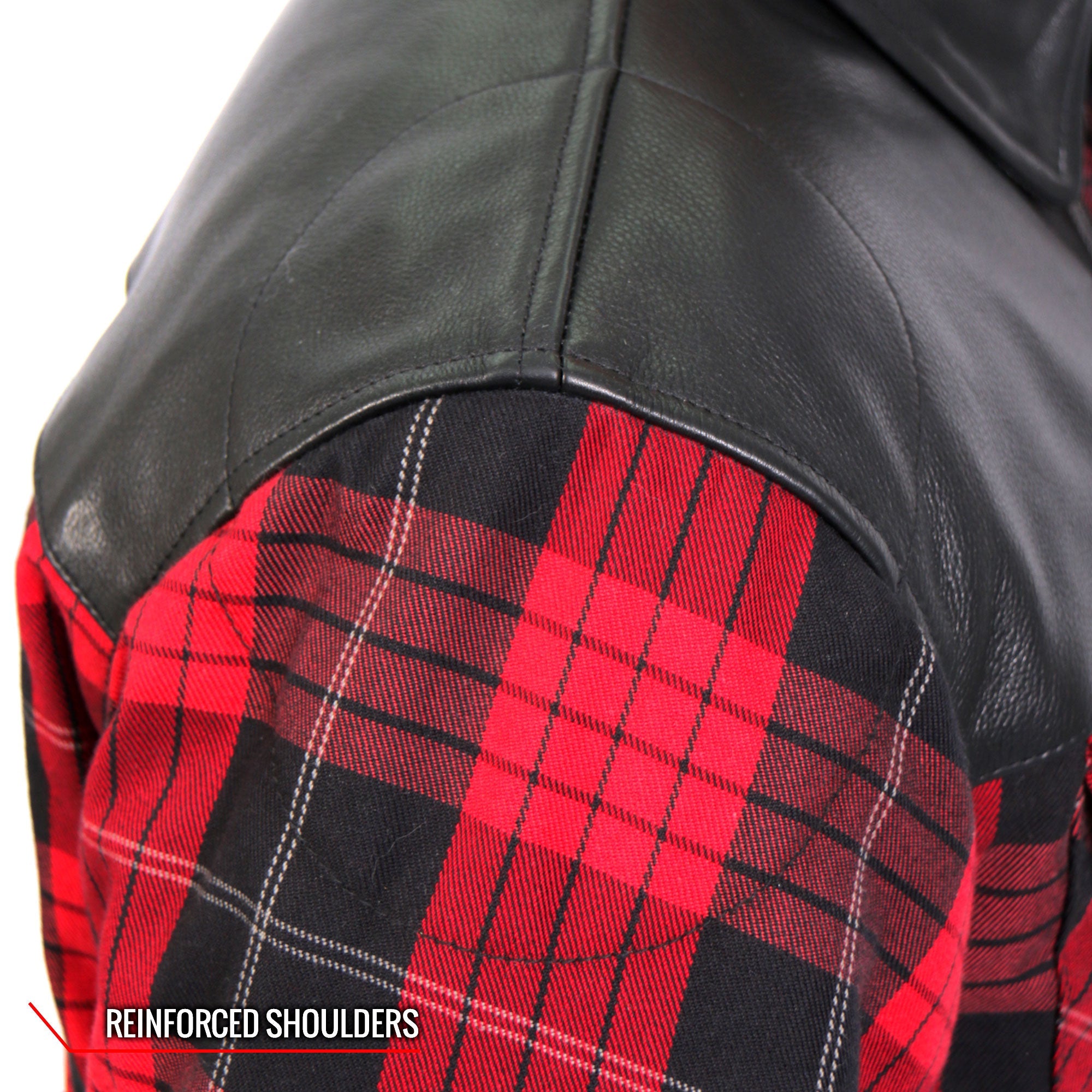 JKM3201 Men's Motorcycle style Red and Black Kevlar Reinforced Leather and Plaid Flannel Biker Shirt