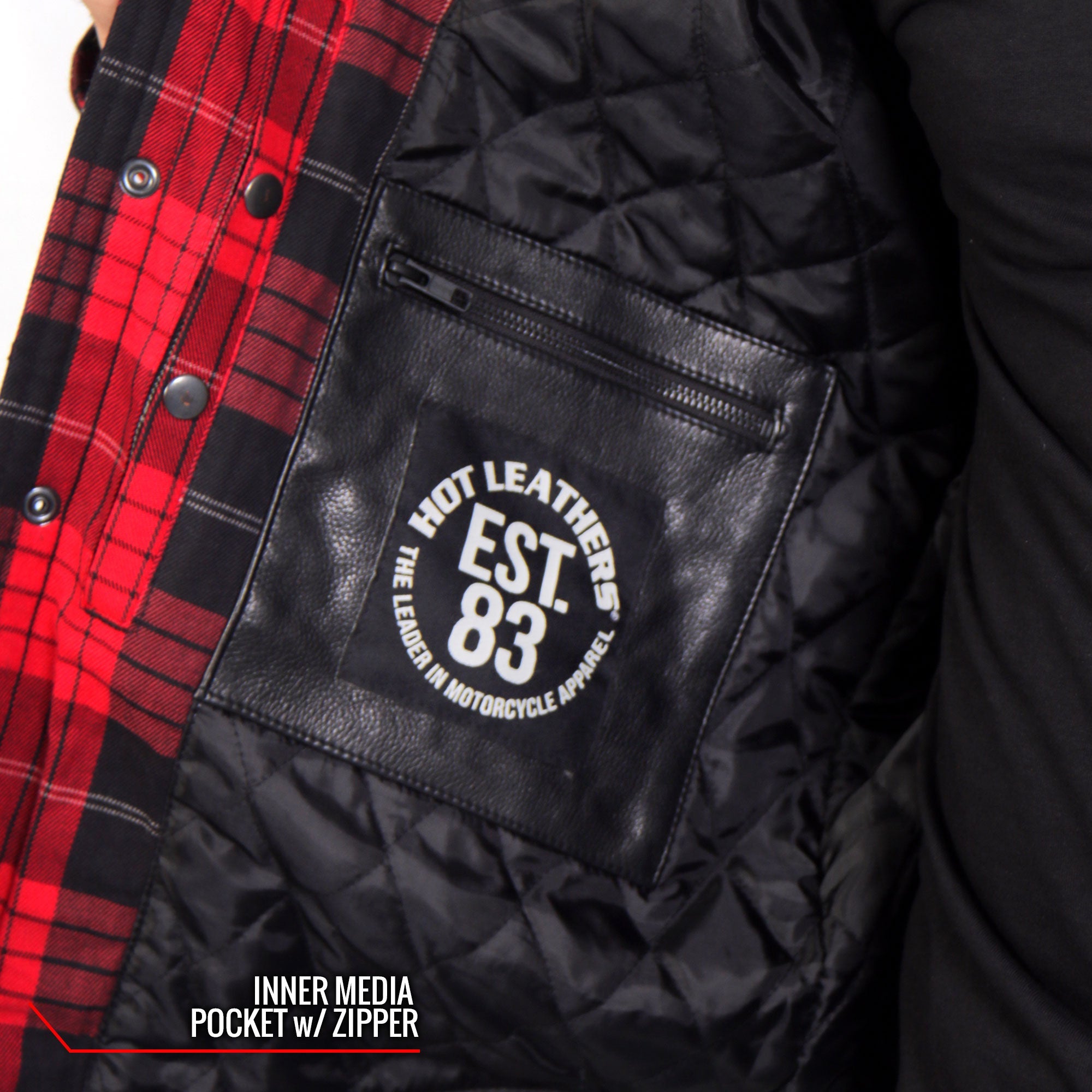 JKM3201 Men's Motorcycle style Red and Black Kevlar Reinforced Leather and Plaid Flannel Biker Shirt