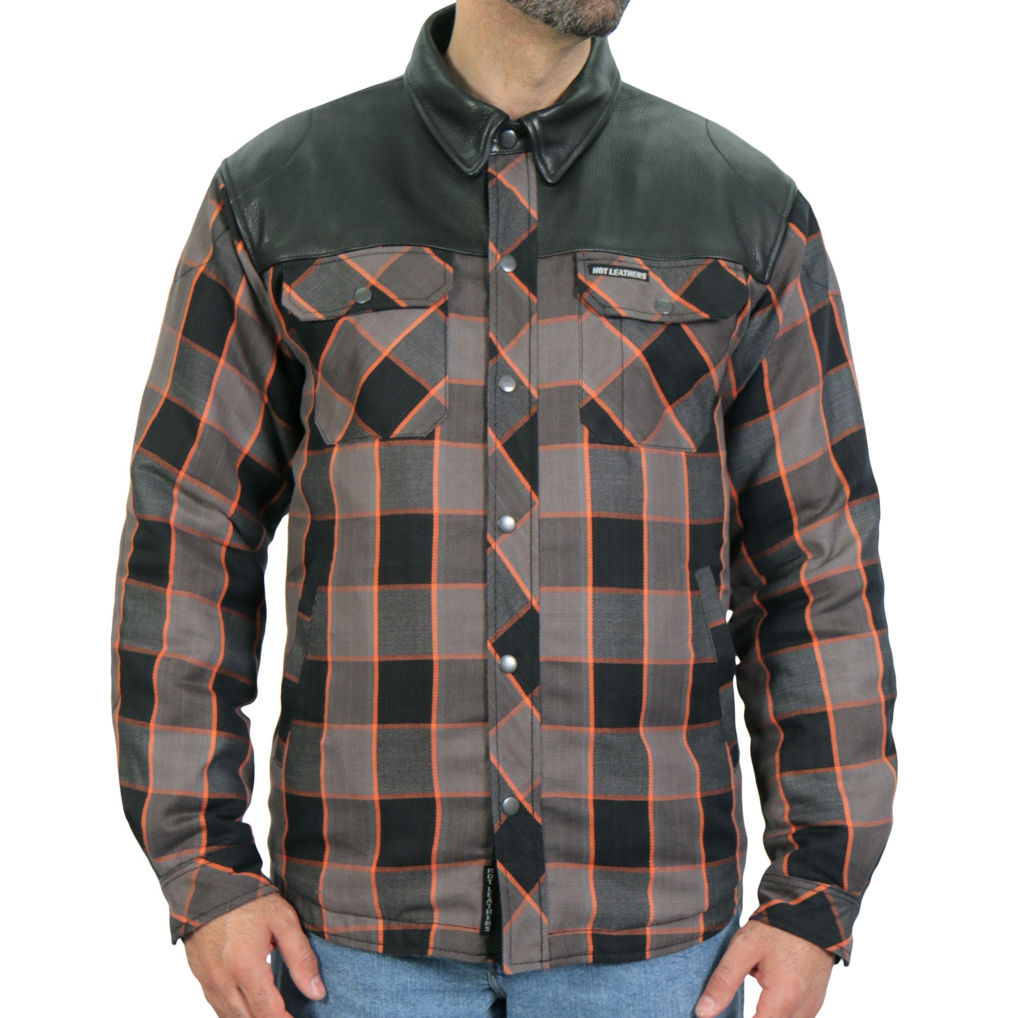 JKM3202 Men's Motorcycle style Grey Black and Orange Kevlar Reinforced Leather and Plaid Flannel Biker Shirt