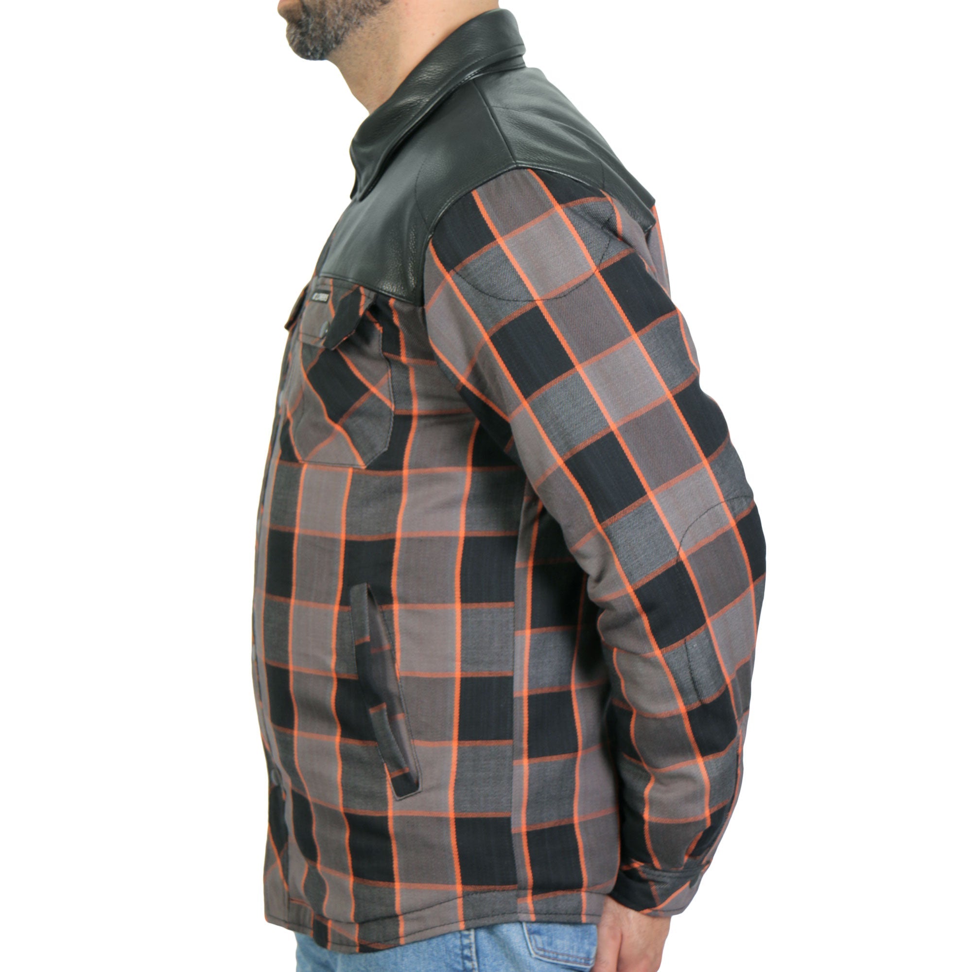 JKM3202 Men's Motorcycle style Grey Black and Orange Kevlar Reinforced Leather and Plaid Flannel Biker Shirt