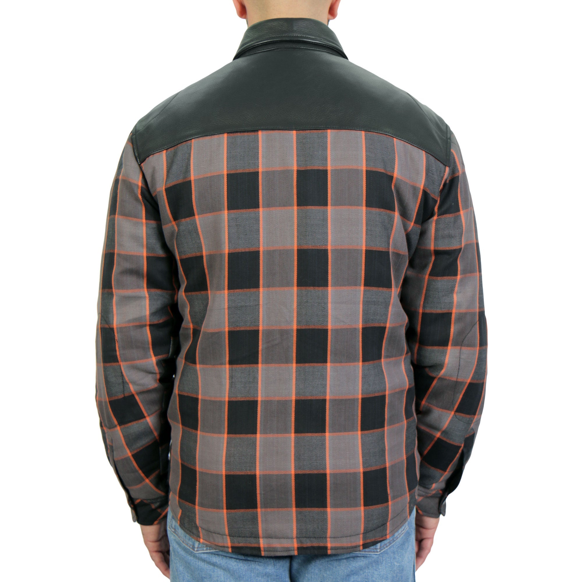 JKM3202 Men's Motorcycle style Grey Black and Orange Kevlar Reinforced Leather and Plaid Flannel Biker Shirt