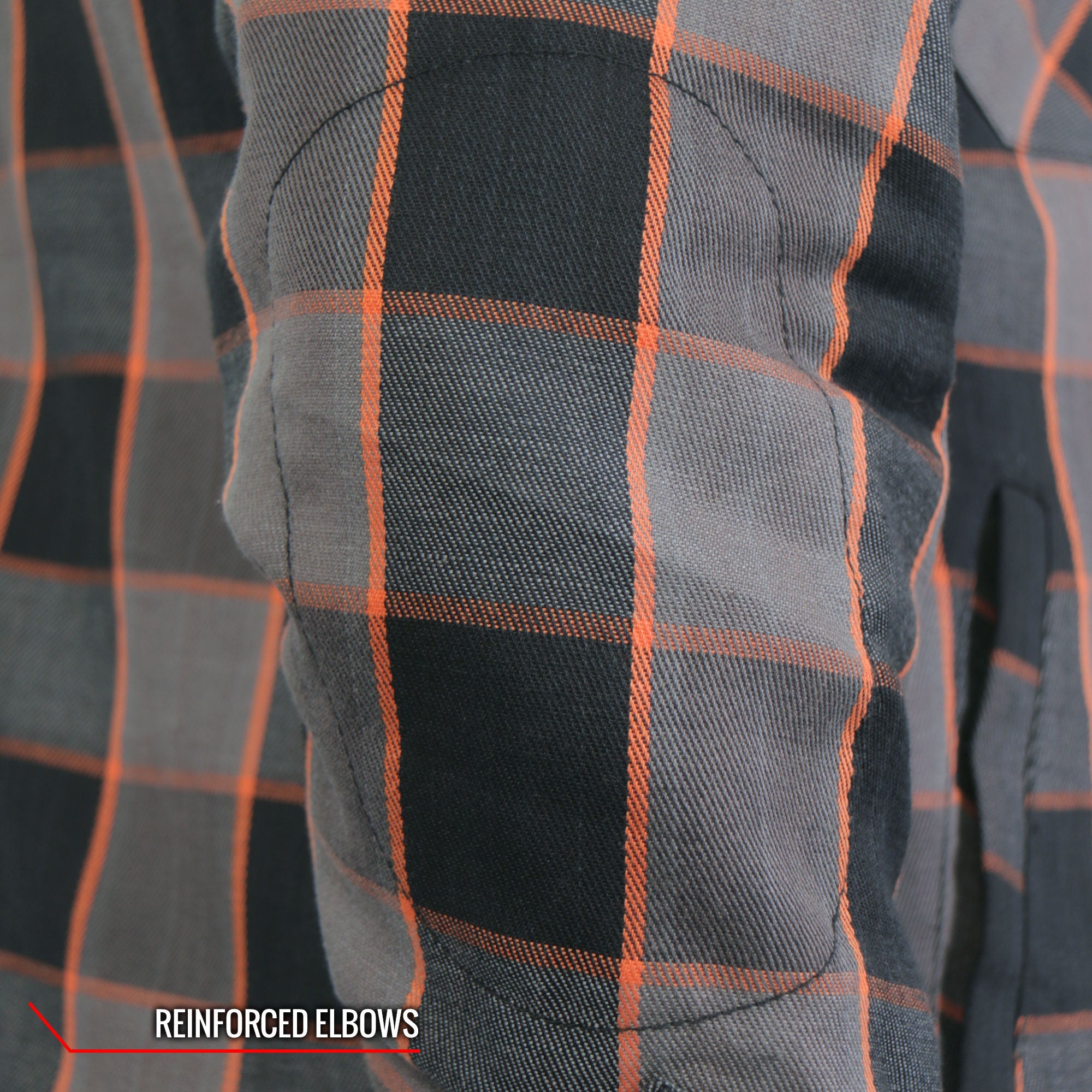 JKM3202 Men's Motorcycle style Grey Black and Orange Kevlar Reinforced Leather and Plaid Flannel Biker Shirt