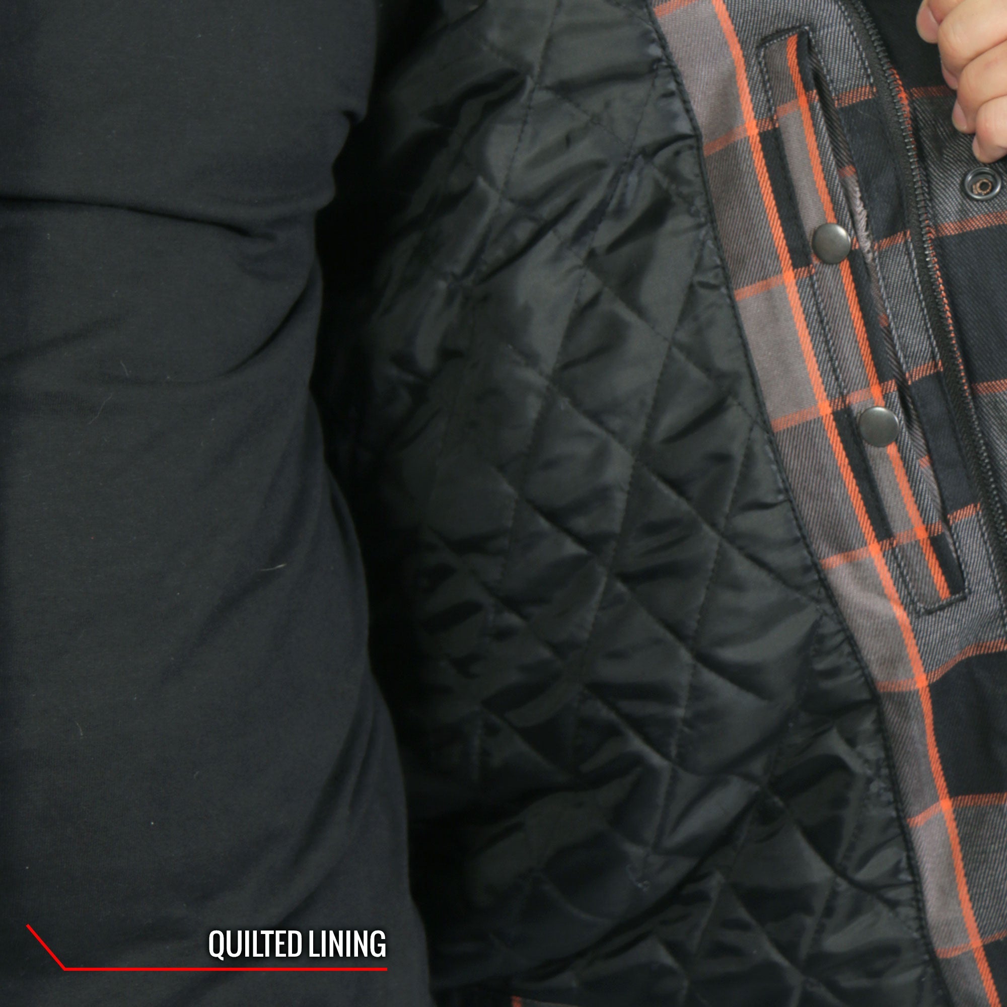 JKM3202 Men's Motorcycle style Grey Black and Orange Kevlar Reinforced Leather and Plaid Flannel Biker Shirt