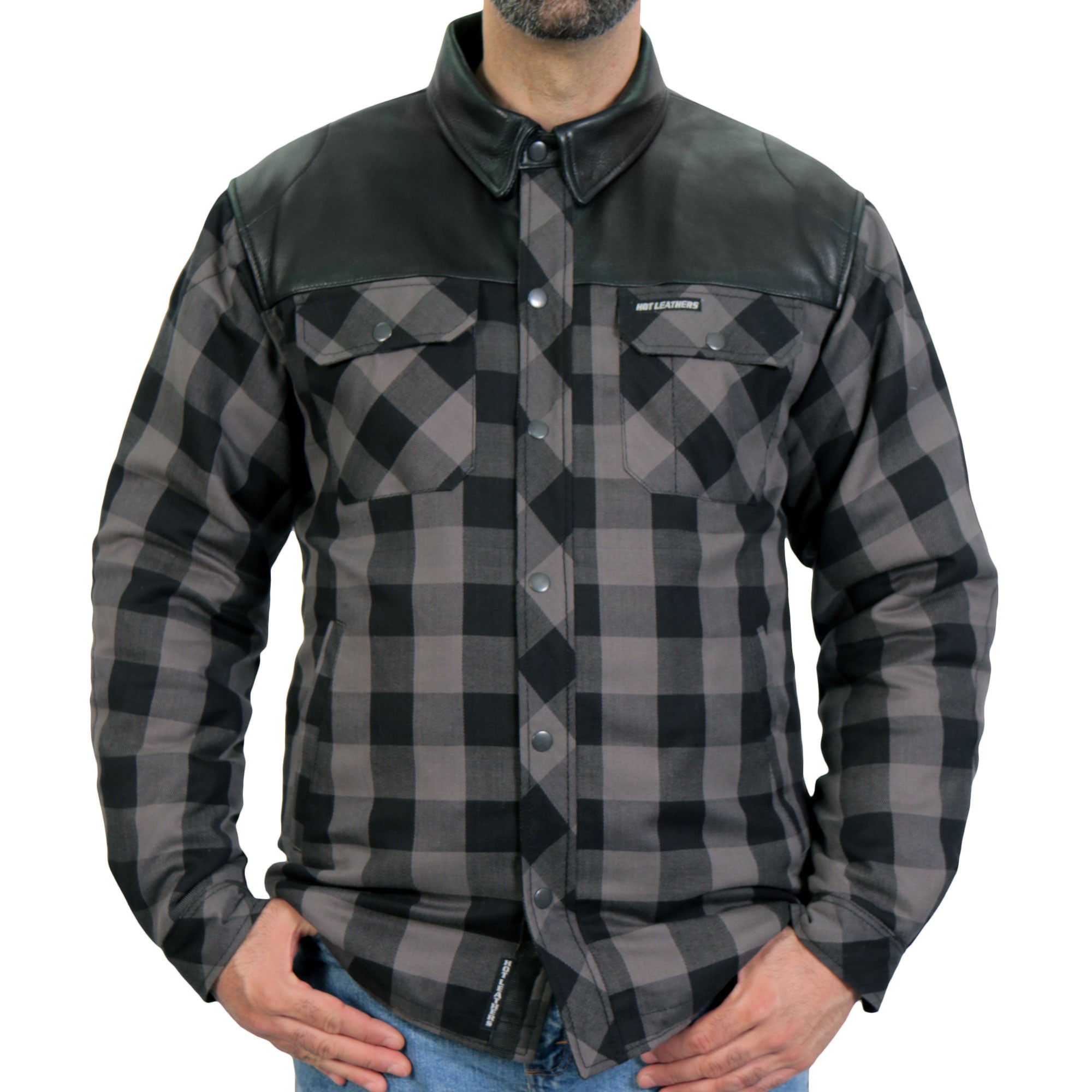 JKM3203 Men's Motorcycle style Grey and Black Kevlar Reinforced Leather and Plaid Flannel Biker Shirt