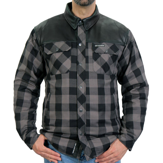 JKM3203 Men's Motorcycle style Grey and Black Kevlar Reinforced Leather and Plaid Flannel Biker Shirt