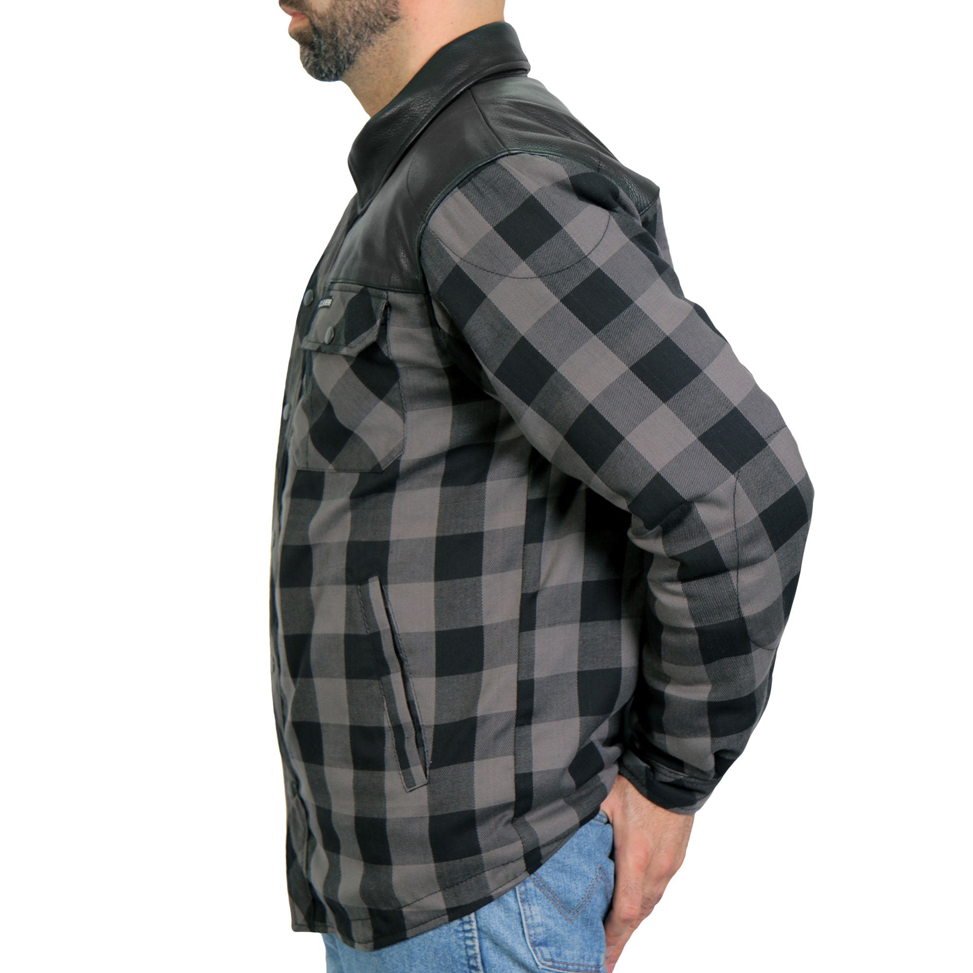 JKM3203 Men's Motorcycle style Grey and Black Kevlar Reinforced Leather and Plaid Flannel Biker Shirt