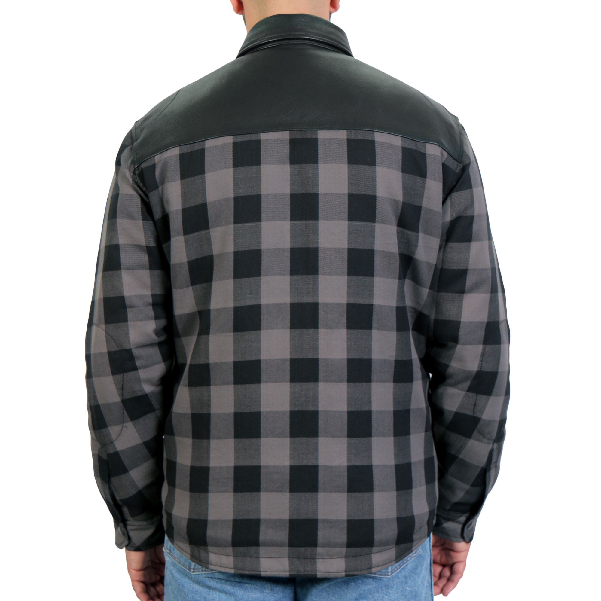 JKM3203 Men's Motorcycle style Grey and Black Kevlar Reinforced Leather and Plaid Flannel Biker Shirt