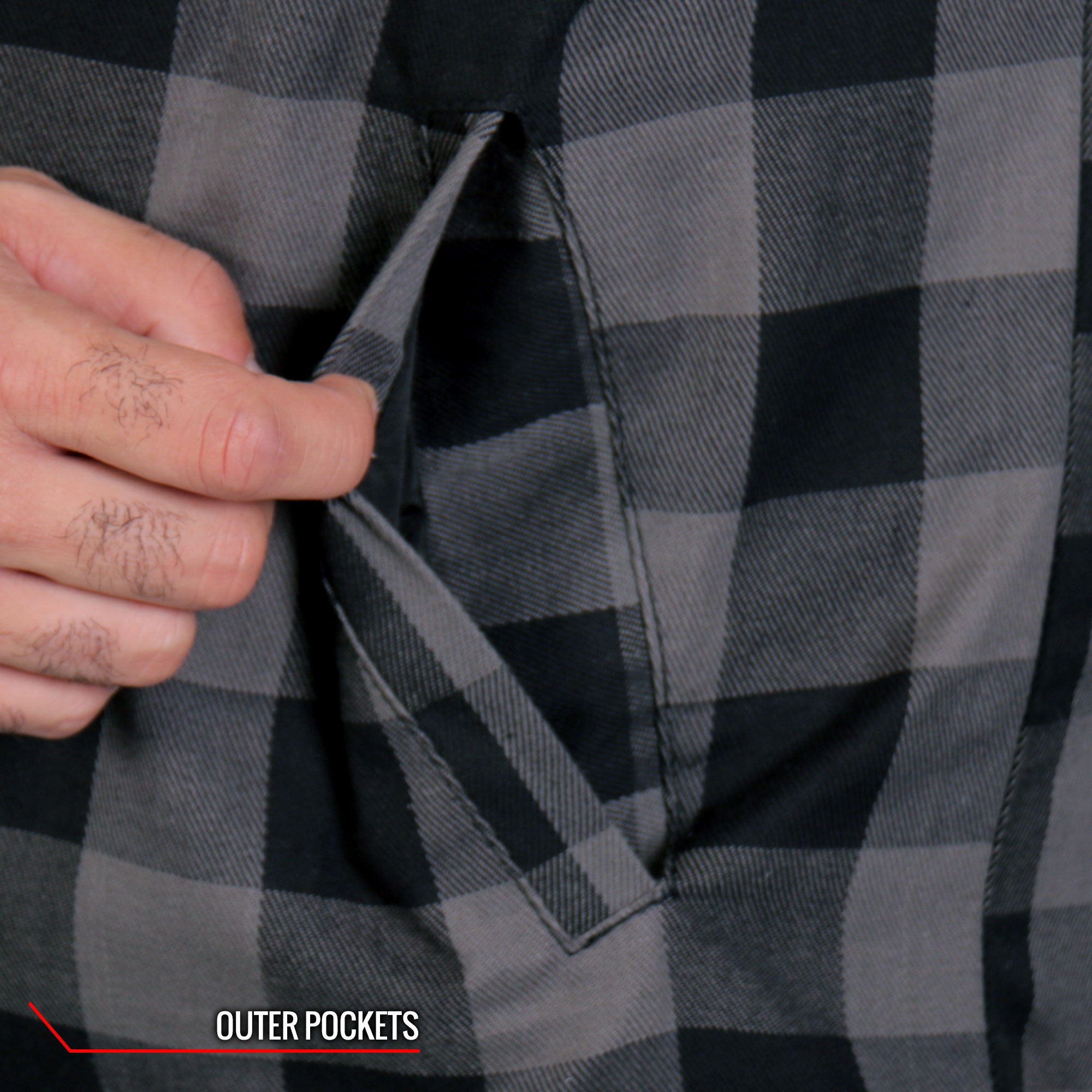 JKM3203 Men's Motorcycle style Grey and Black Kevlar Reinforced Leather and Plaid Flannel Biker Shirt