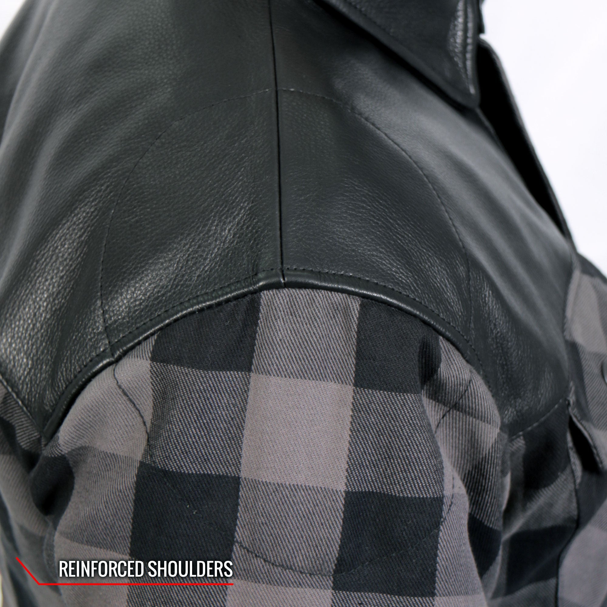 JKM3203 Men's Motorcycle style Grey and Black Kevlar Reinforced Leather and Plaid Flannel Biker Shirt