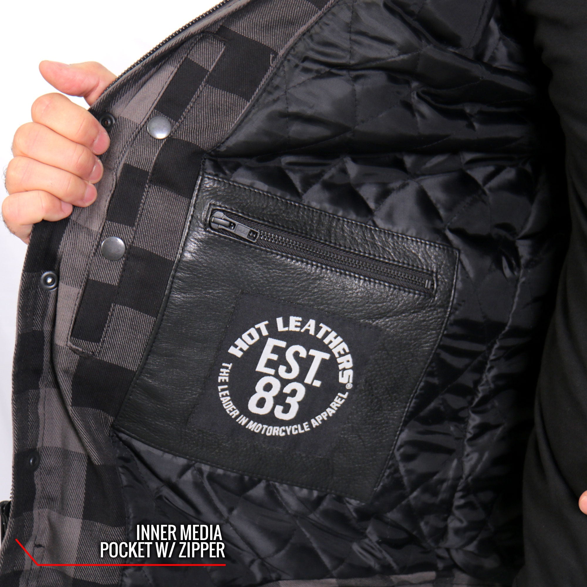 JKM3203 Men's Motorcycle style Grey and Black Kevlar Reinforced Leather and Plaid Flannel Biker Shirt