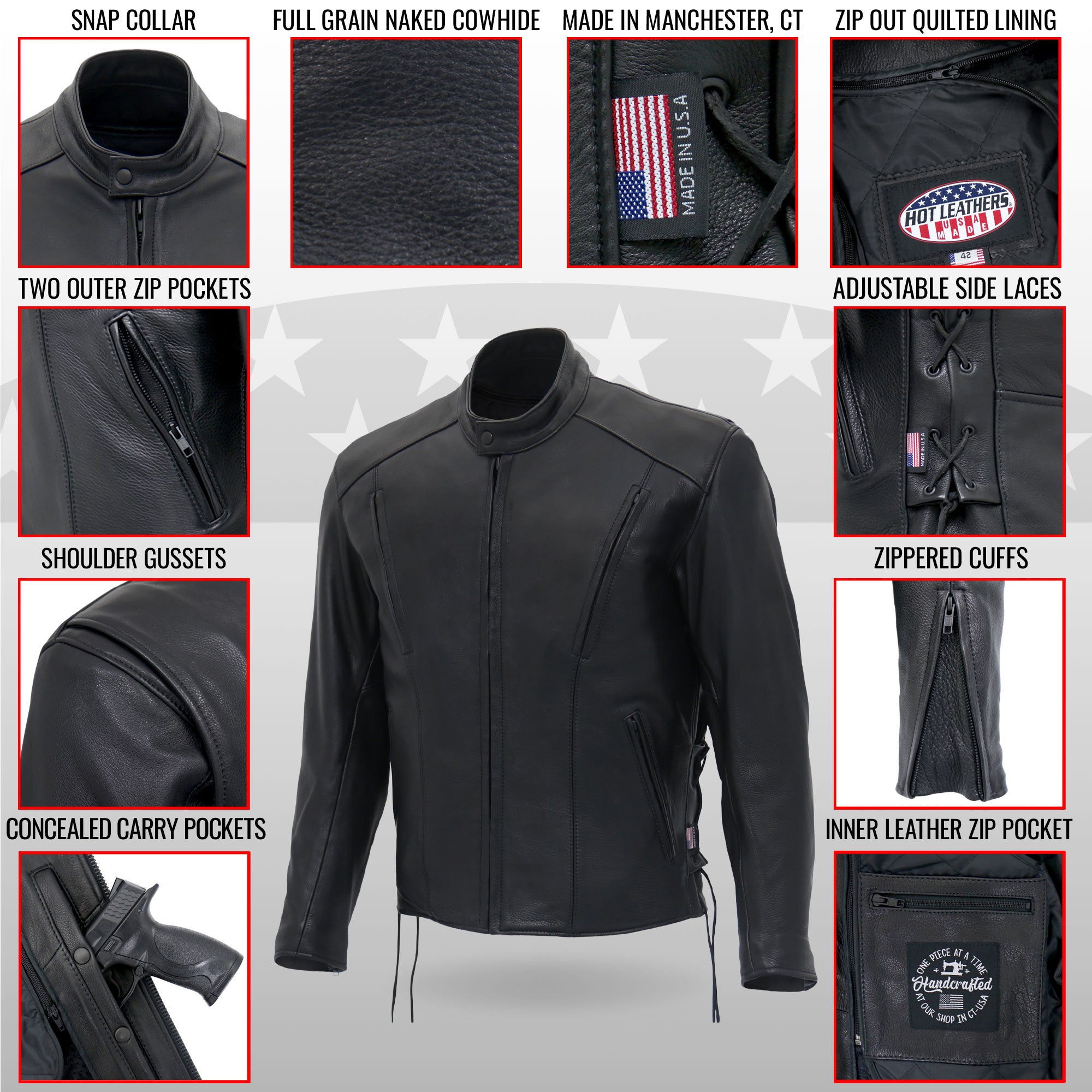 JKM5002 Men's USA Made Vented Premium Leather Motorcycle Biker Jacket with Side Lace