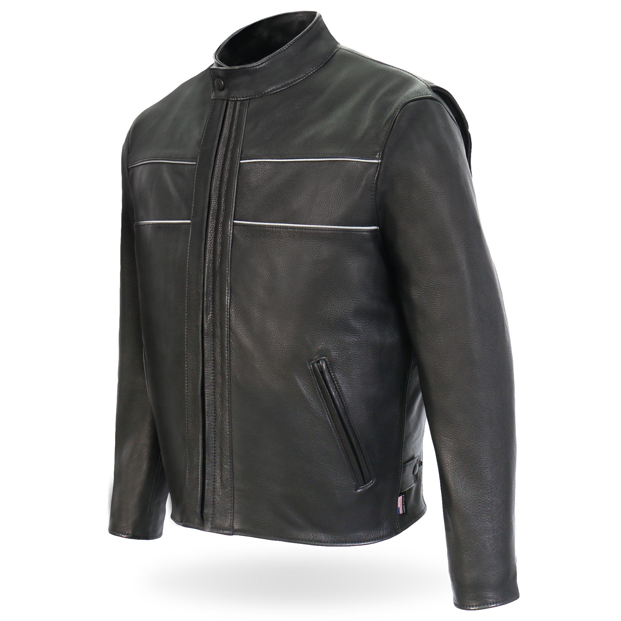 JKM5003 Men’s USA Made Premium Black Leather Motorcycle Biker Jacket with Reflective Piping