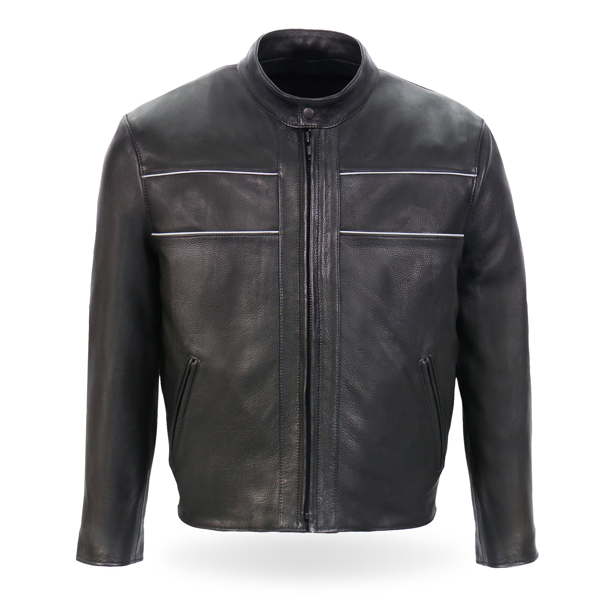 JKM5003 Men’s USA Made Premium Black Leather Motorcycle Biker Jacket with Reflective Piping