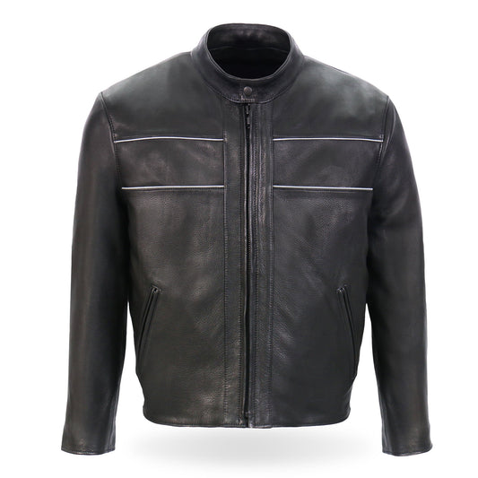 JKM5003 Men’s USA Made Premium Black Leather Motorcycle Biker Jacket with Reflective Piping