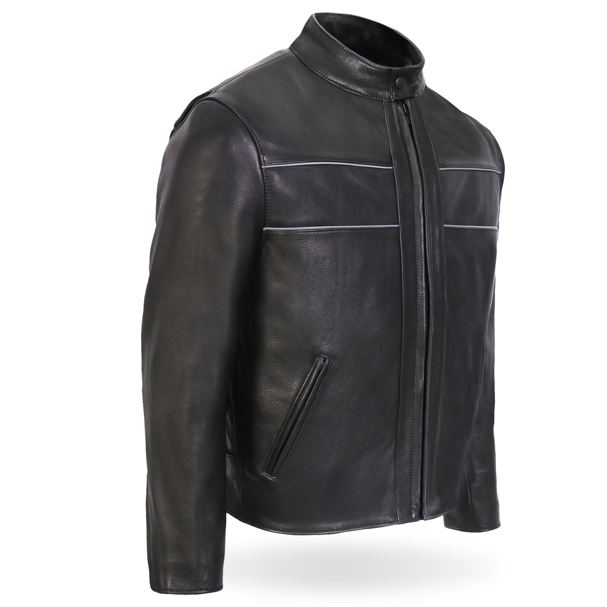 JKM5003 Men’s USA Made Premium Black Leather Motorcycle Biker Jacket with Reflective Piping