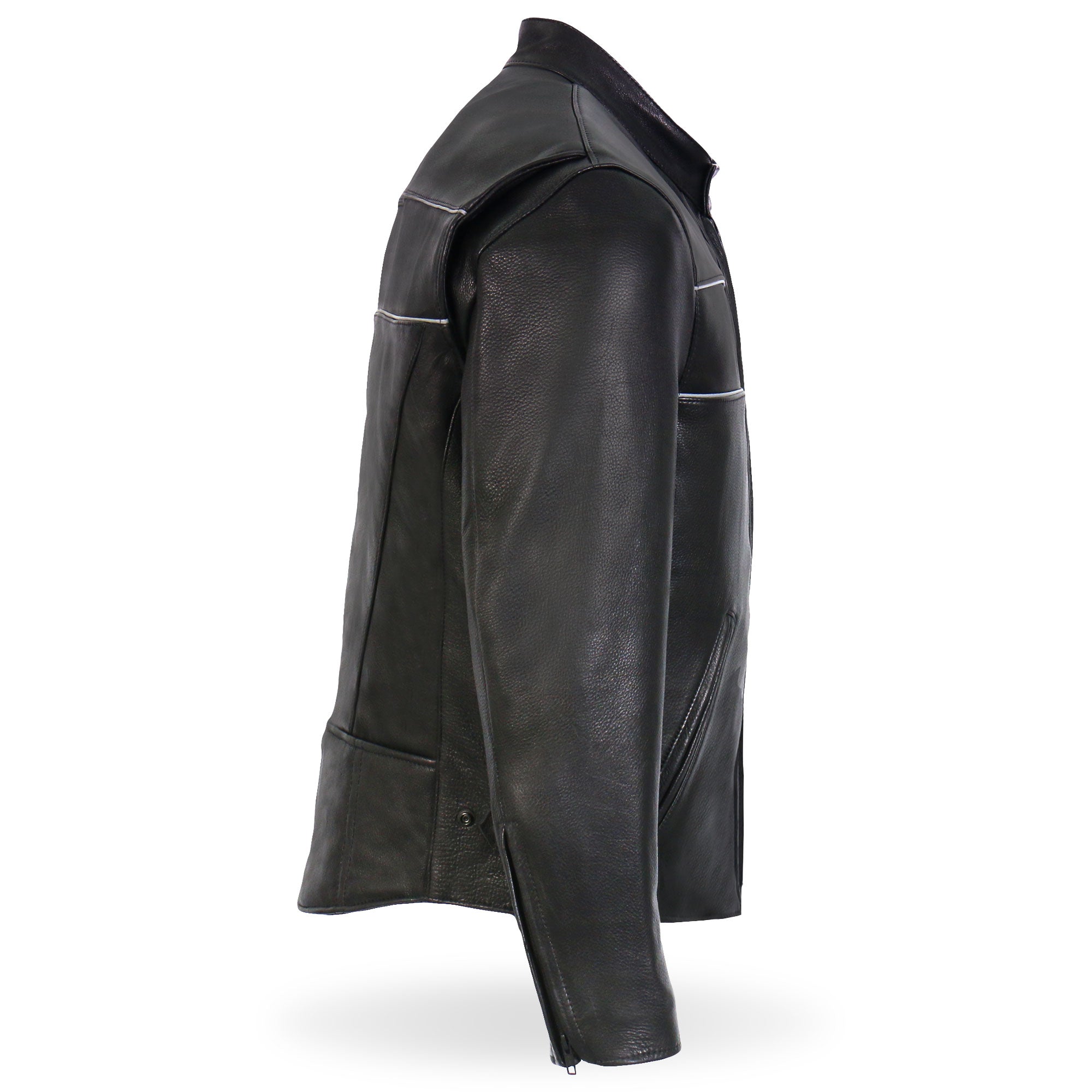 JKM5003 Men’s USA Made Premium Black Leather Motorcycle Biker Jacket with Reflective Piping