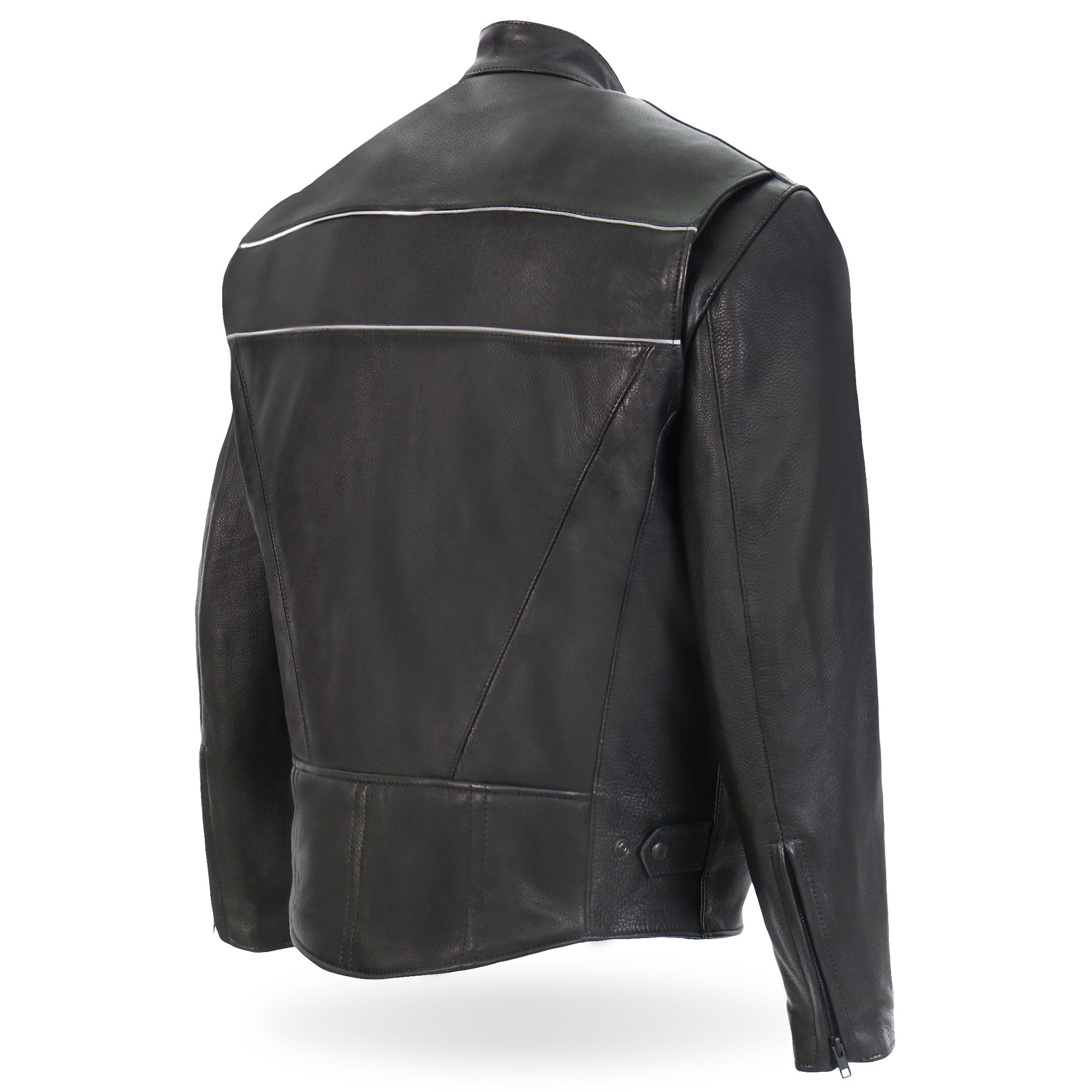JKM5003 Men’s USA Made Premium Black Leather Motorcycle Biker Jacket with Reflective Piping