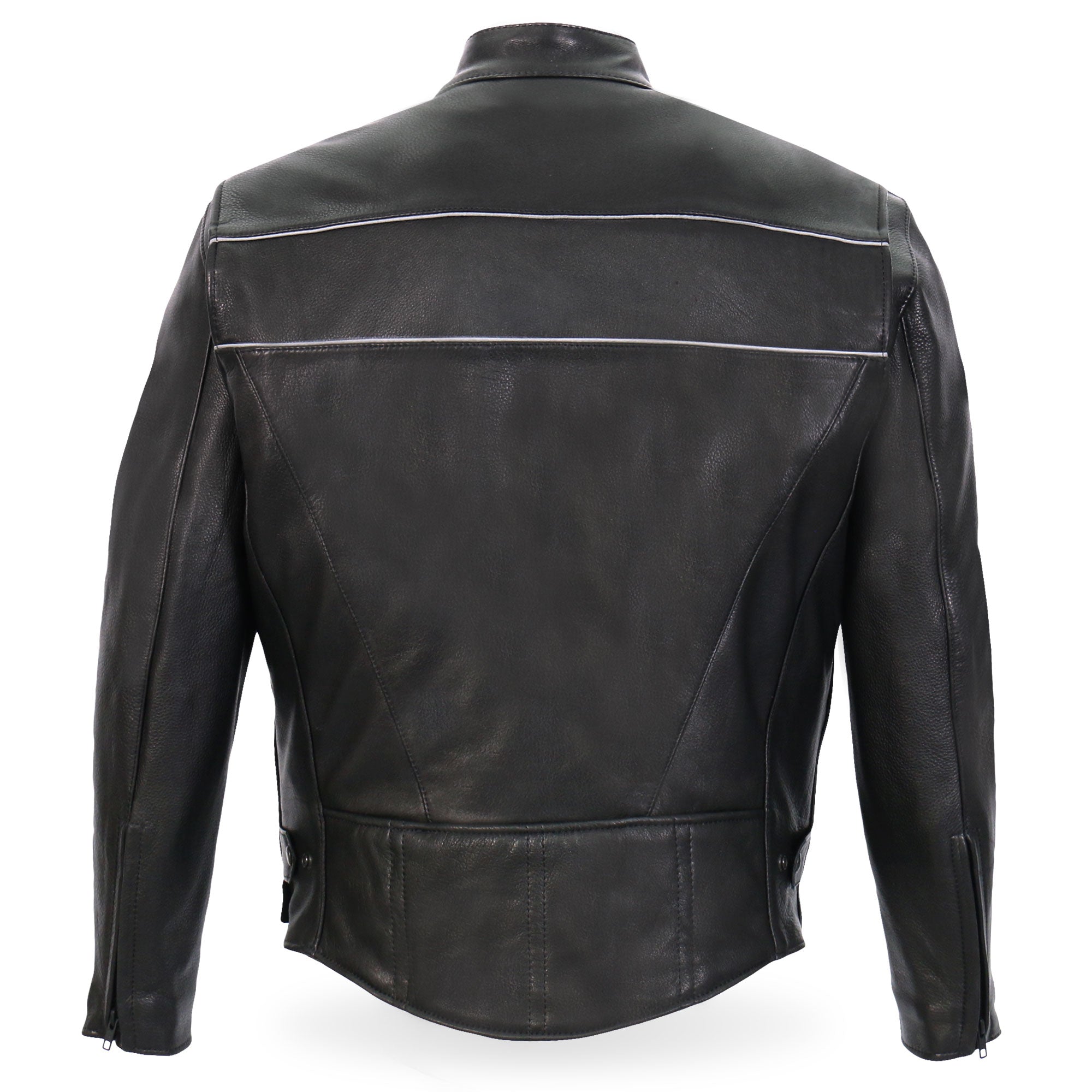 JKM5003 Men’s USA Made Premium Black Leather Motorcycle Biker Jacket with Reflective Piping
