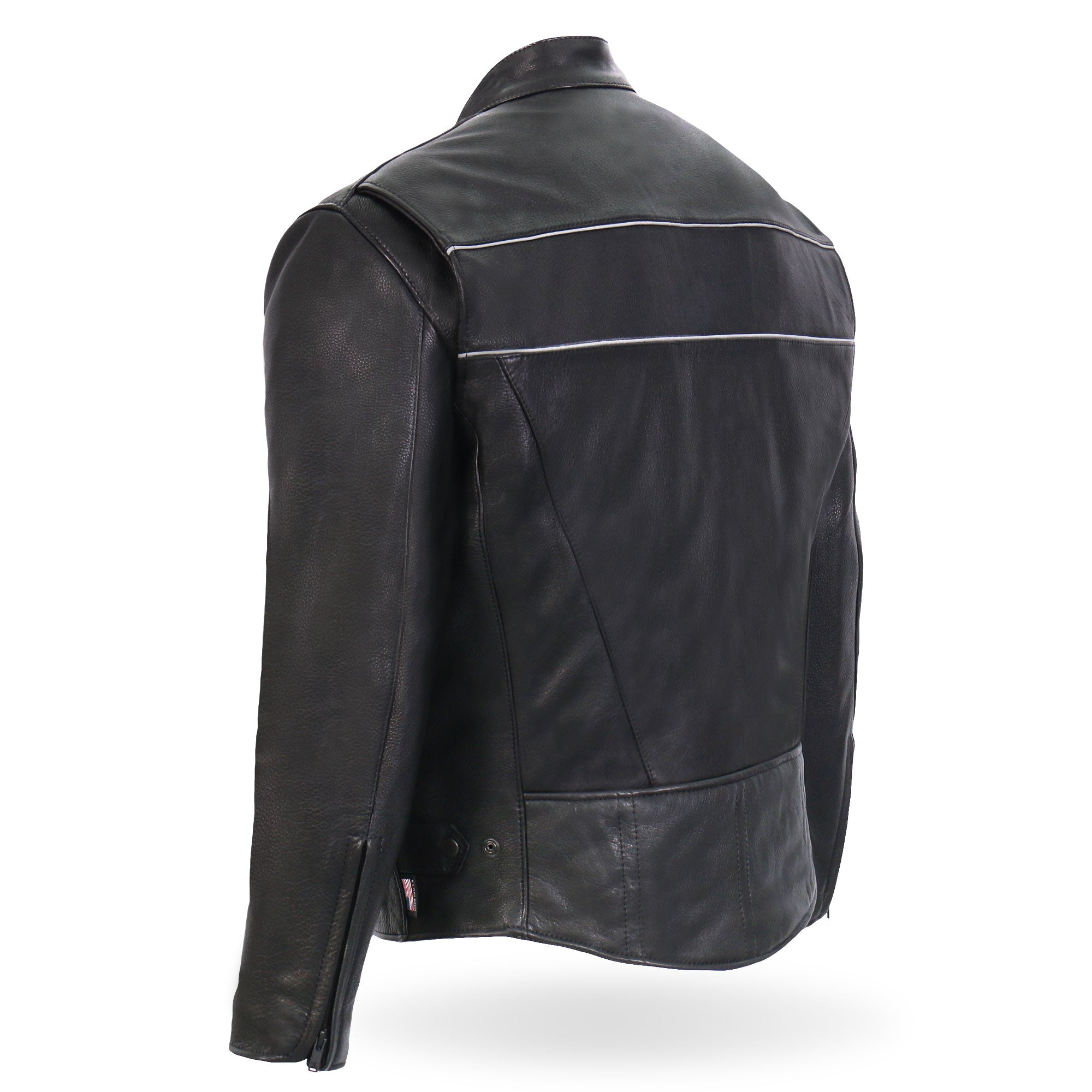 JKM5003 Men’s USA Made Premium Black Leather Motorcycle Biker Jacket with Reflective Piping