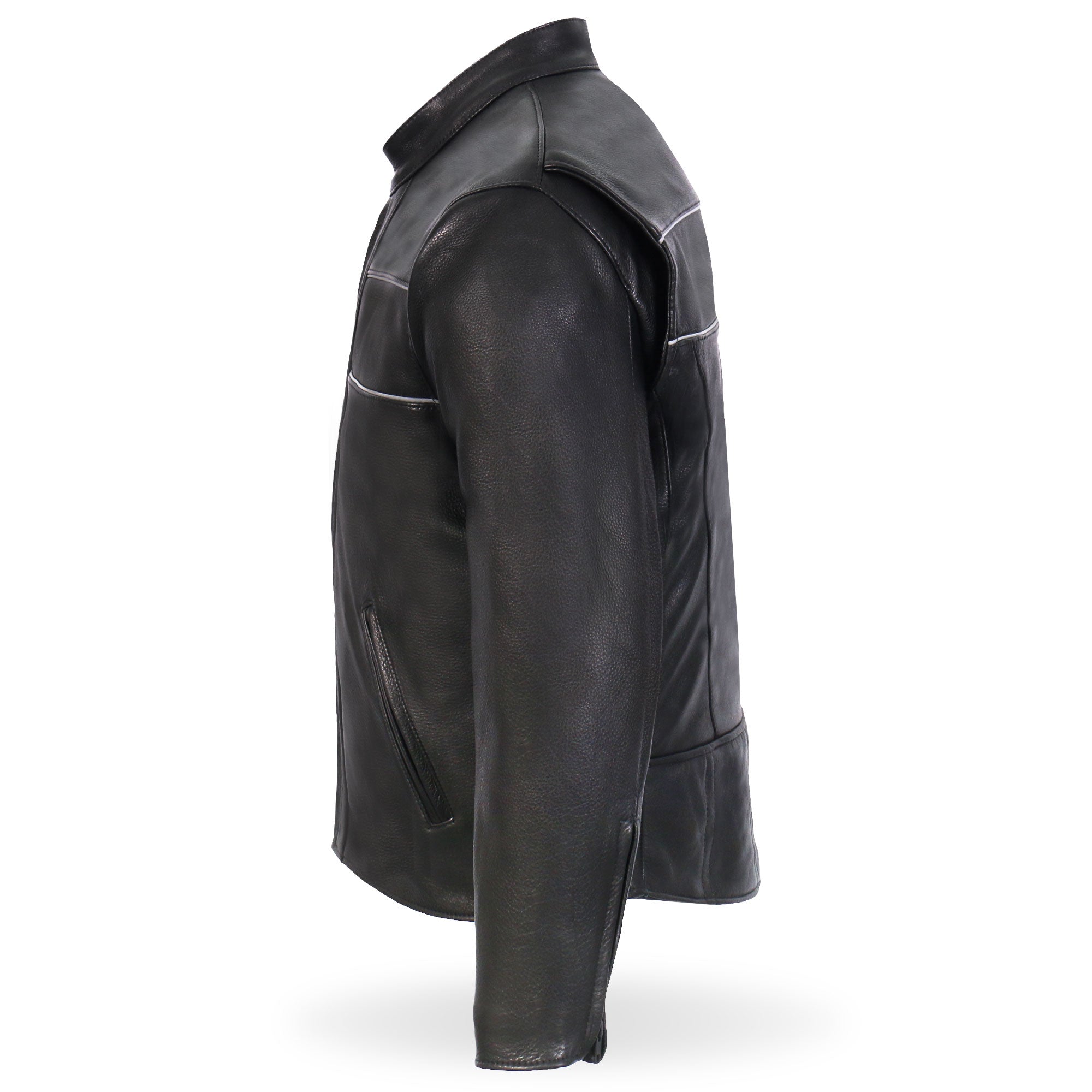 JKM5003 Men’s USA Made Premium Black Leather Motorcycle Biker Jacket with Reflective Piping