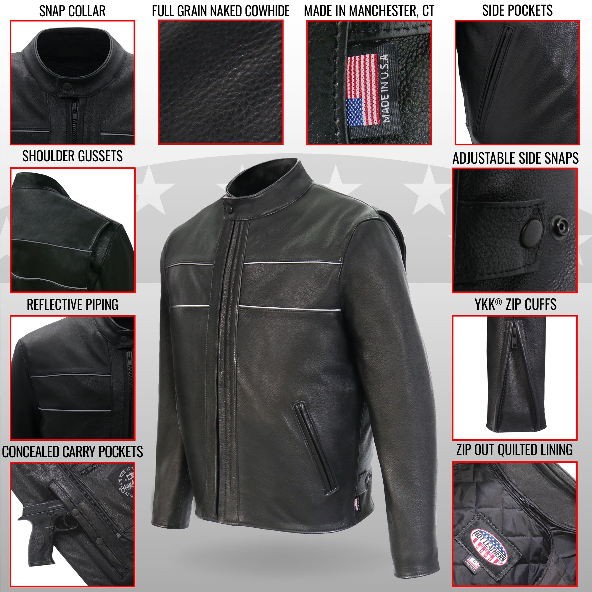 JKM5003 Men’s USA Made Premium Black Leather Motorcycle Biker Jacket with Reflective Piping