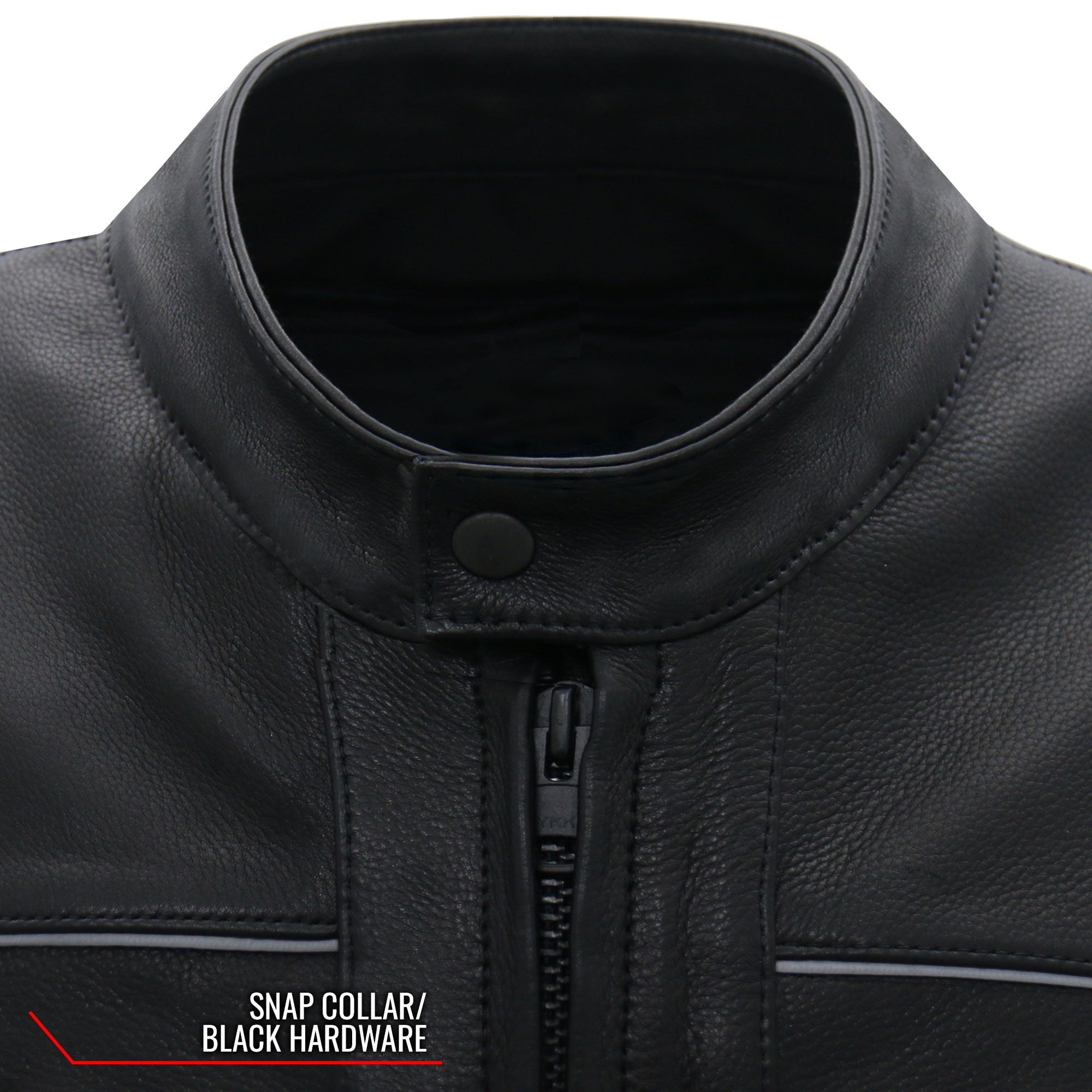 JKM5003 Men’s USA Made Premium Black Leather Motorcycle Biker Jacket with Reflective Piping