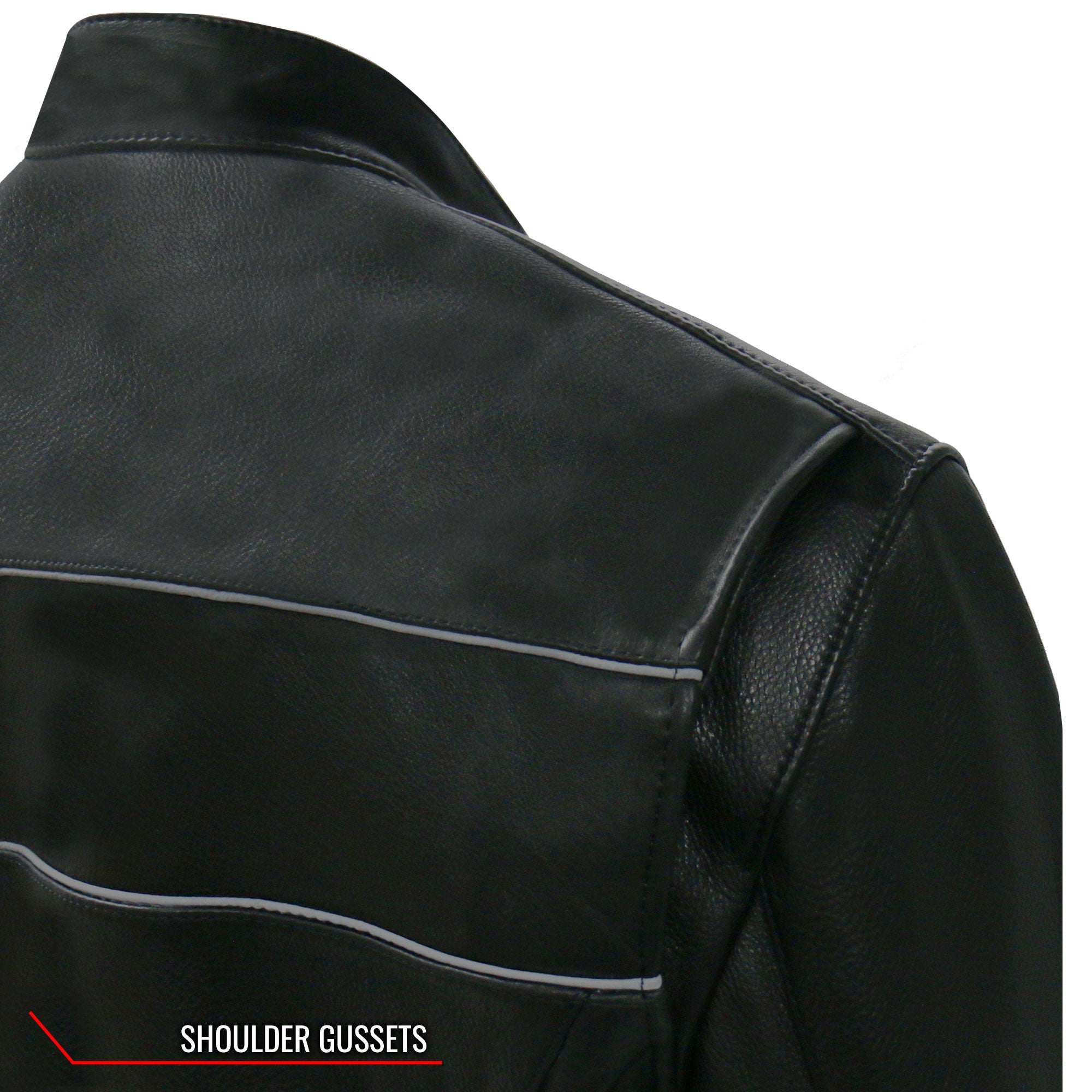 JKM5003 Men’s USA Made Premium Black Leather Motorcycle Biker Jacket with Reflective Piping