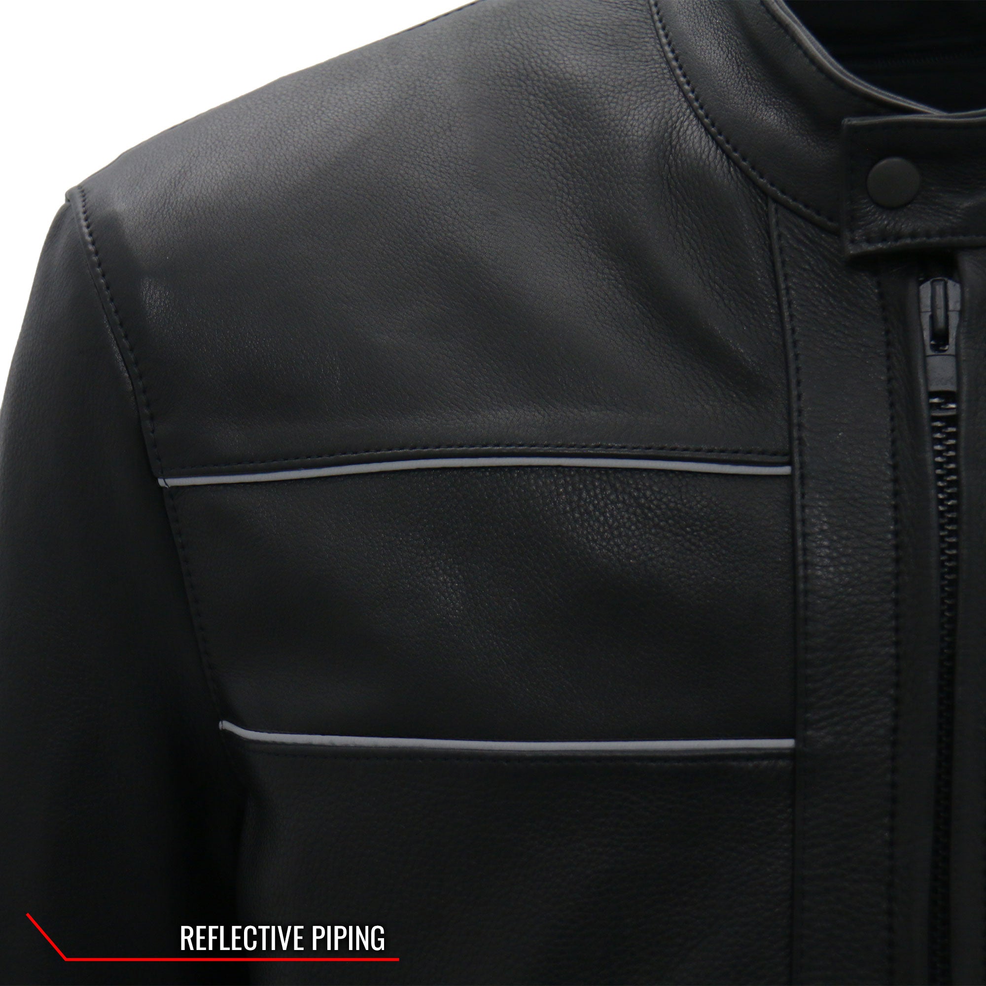 JKM5003 Men’s USA Made Premium Black Leather Motorcycle Biker Jacket with Reflective Piping