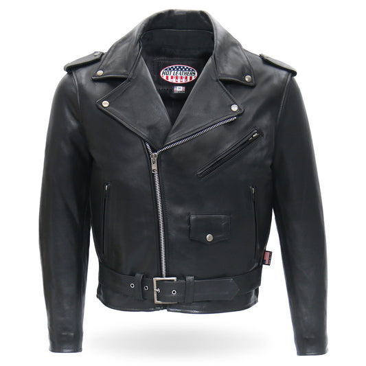 JKM5009 Men's USA Made Black Premium Leather Classic Motorcycle Biker Jacket