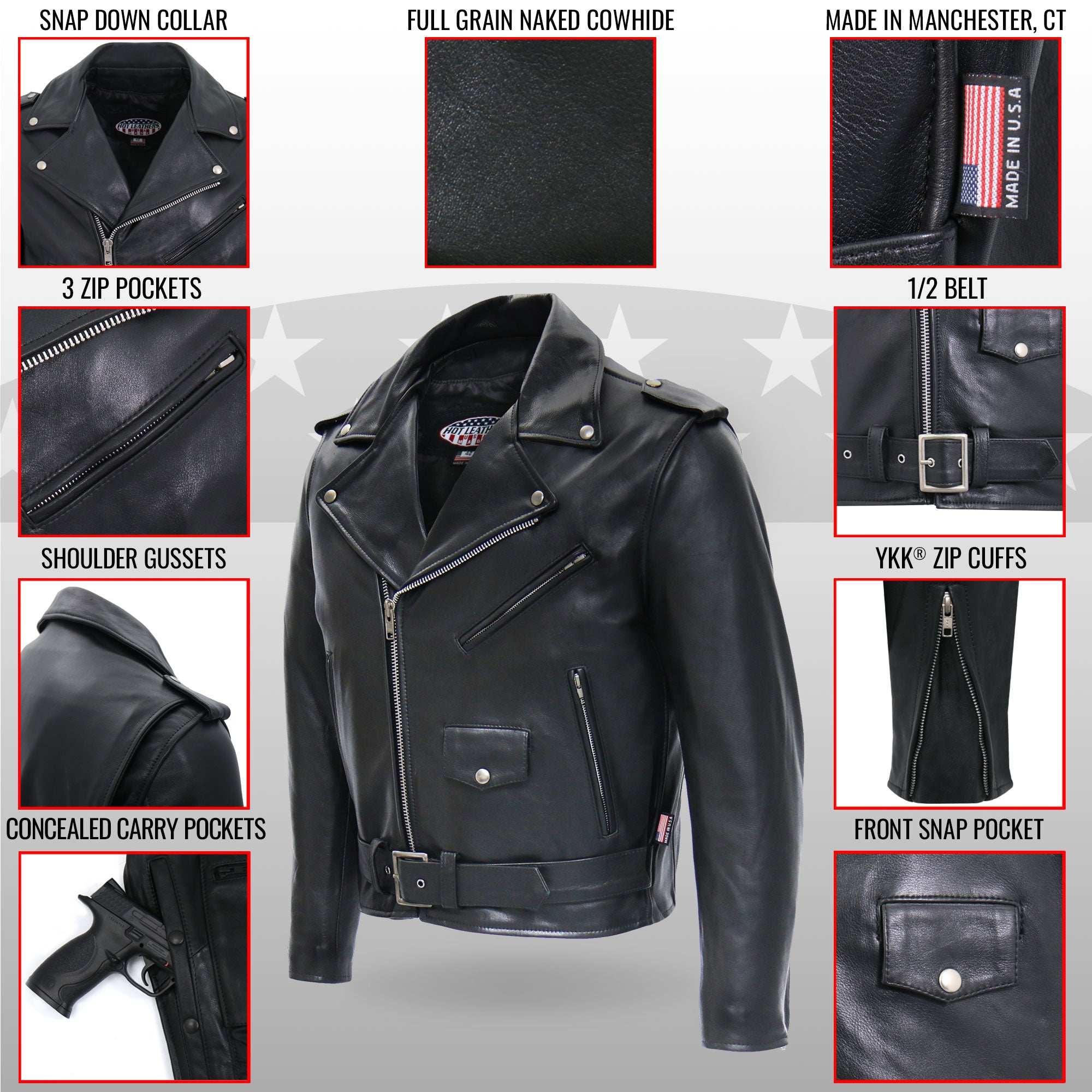 JKM5009 Men's USA Made Black Premium Leather Classic Motorcycle Biker Jacket
