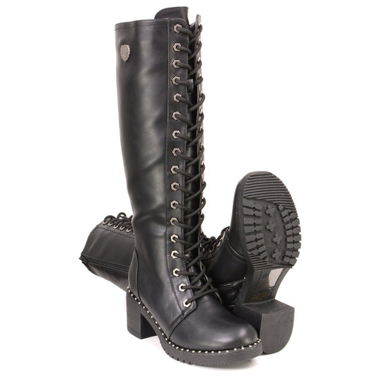MBL9442 Women's Black Lace-Up Tall Biker Fashion Boots with Platform Heel & Studs