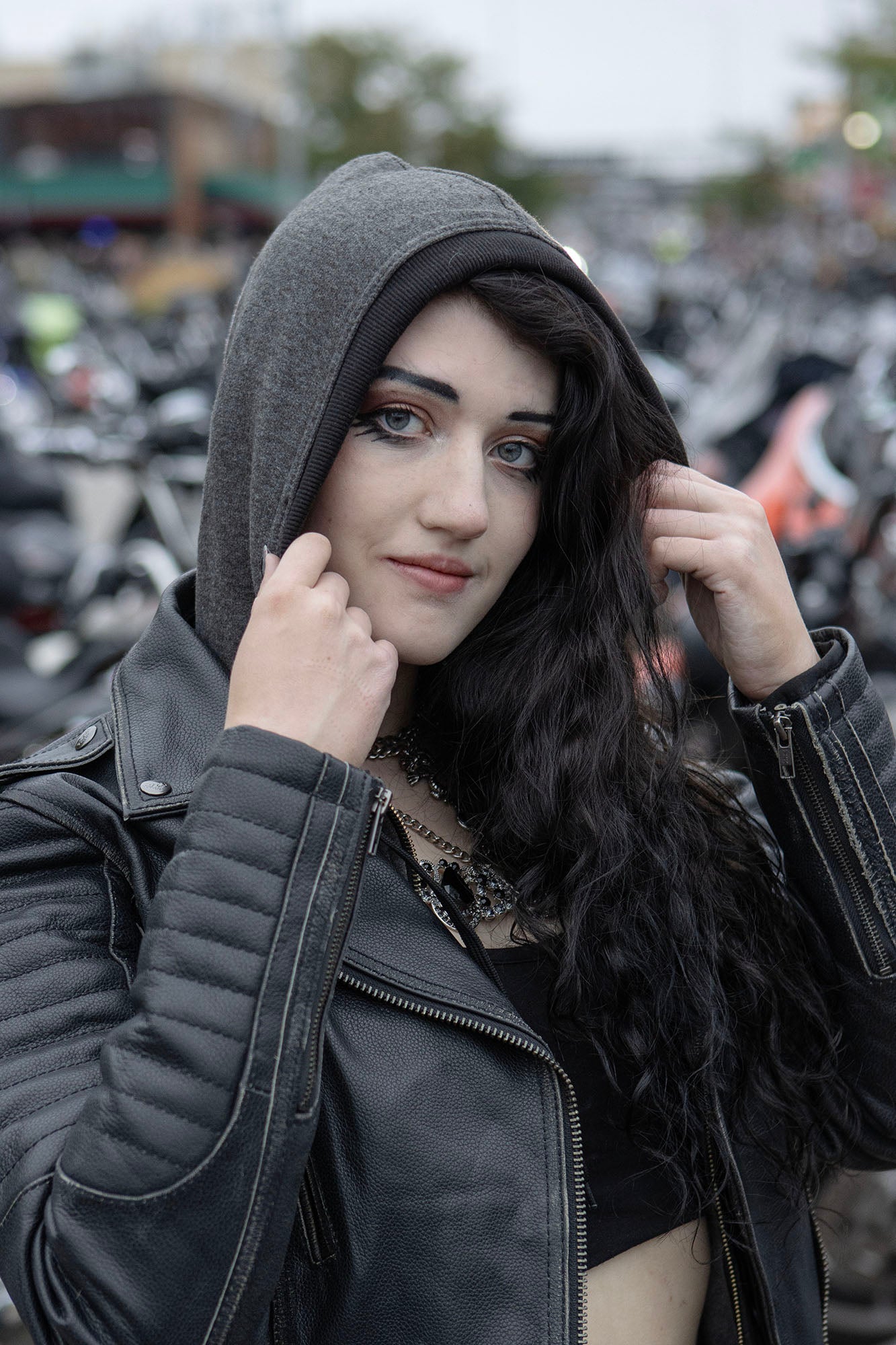 MLL2516 Black Leather Rub-Off Leather Jacket with Hoodie for Women