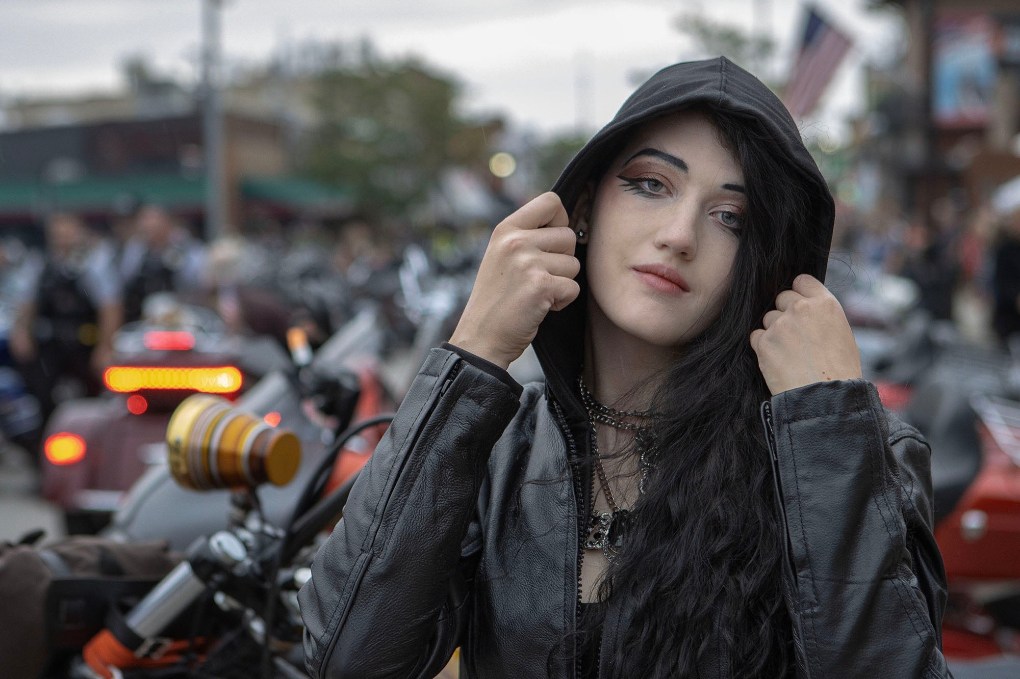 MLL2555 Women's Black 3/4 Hooded Leather Jacket with Side Stretch