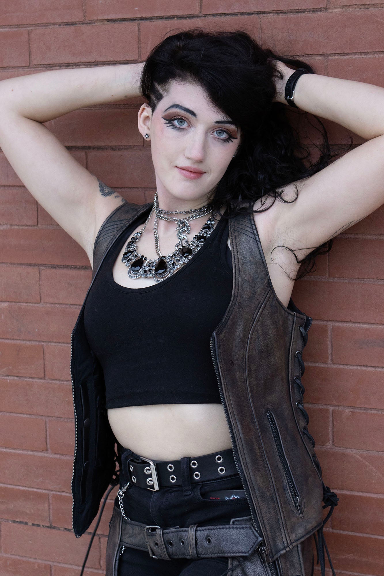 Women's V-Neck Distress Grey Premium Leather Motorcycle Rider Vest w/ Side Laces MLL4531