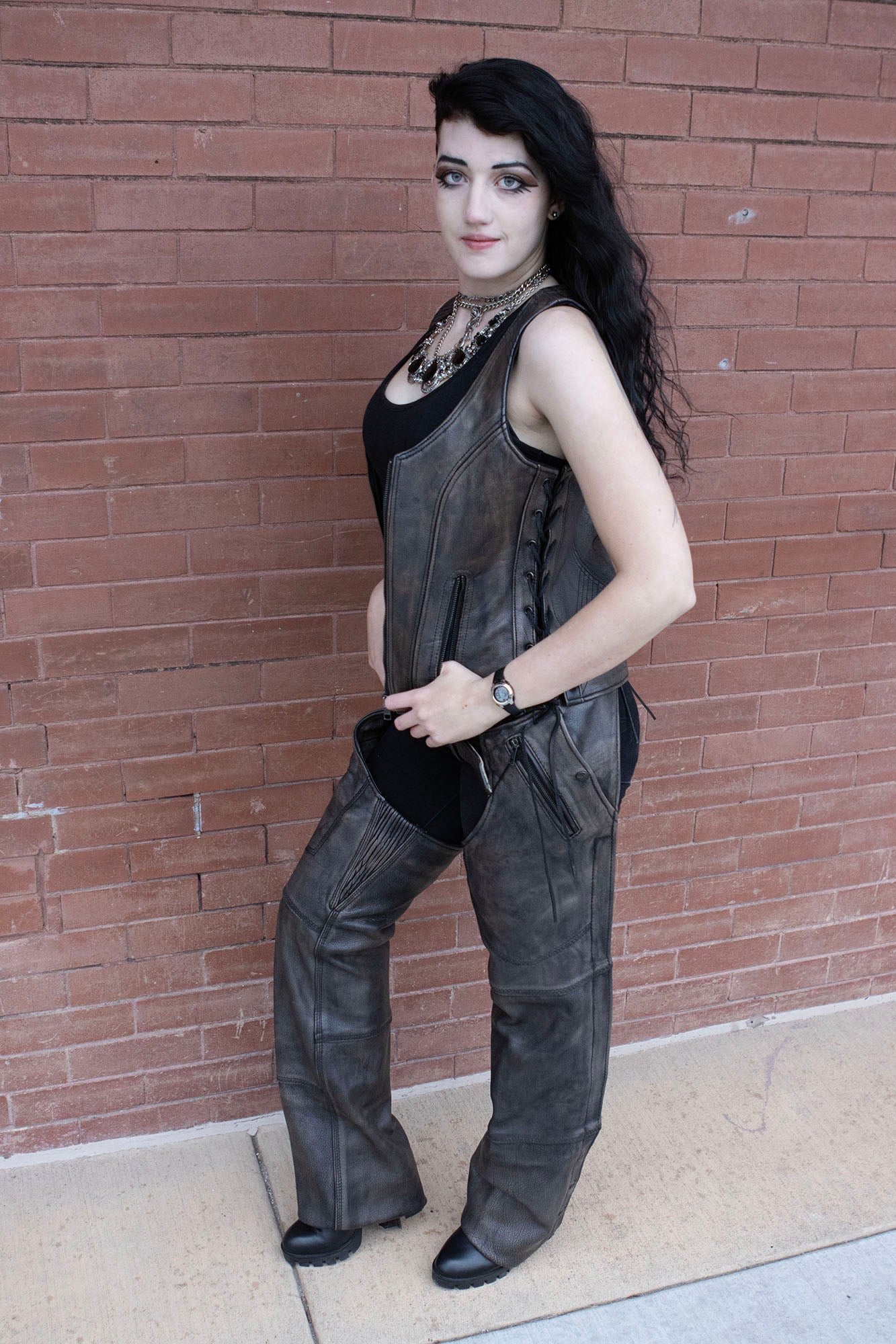 Women's V-Neck Distress Grey Premium Leather Motorcycle Rider Vest w/ Side Laces MLL4531