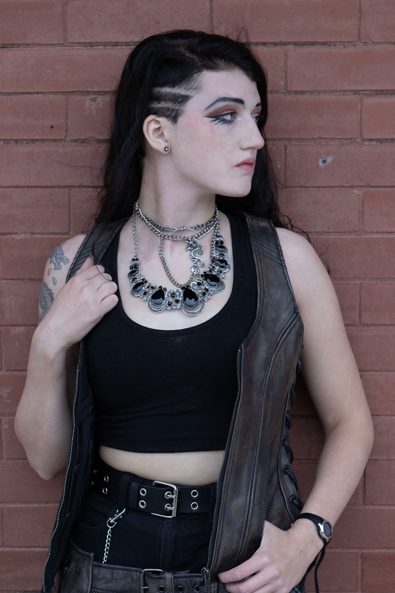 Women's V-Neck Distress Grey Premium Leather Motorcycle Rider Vest w/ Side Laces MLL4531