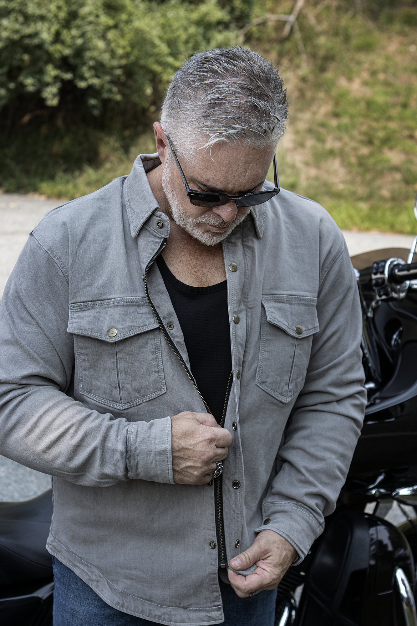 MPM1621 Men's Grey CE Armored Long Sleeve Motorcycle Riders Shirt w/ Reinforced w/ Aramid Fibers