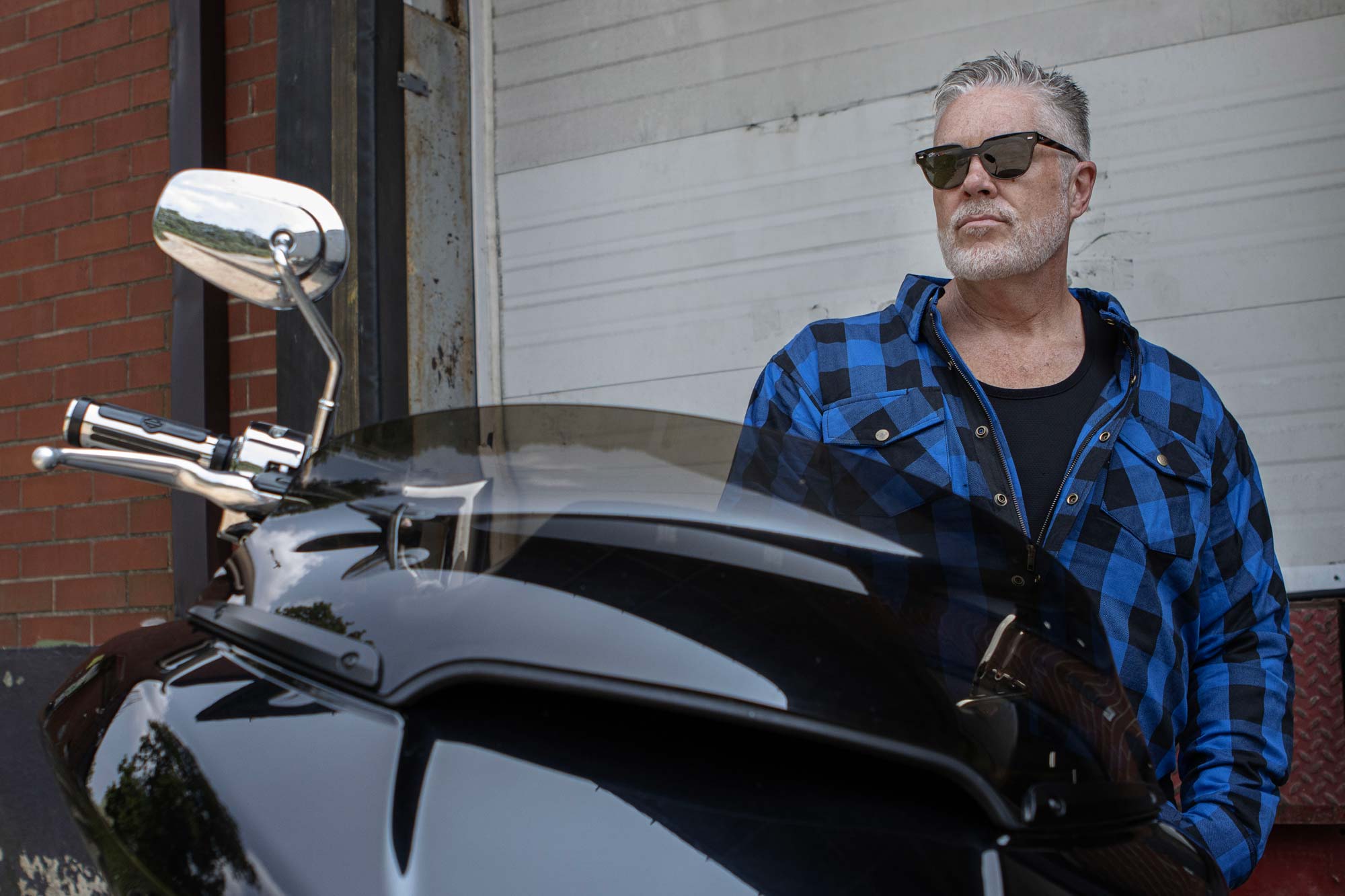 Men's Plaid Flannel Blue Biker Shirt with CE Approved Armor Reinforced w/Aramid Fiber MPM1634