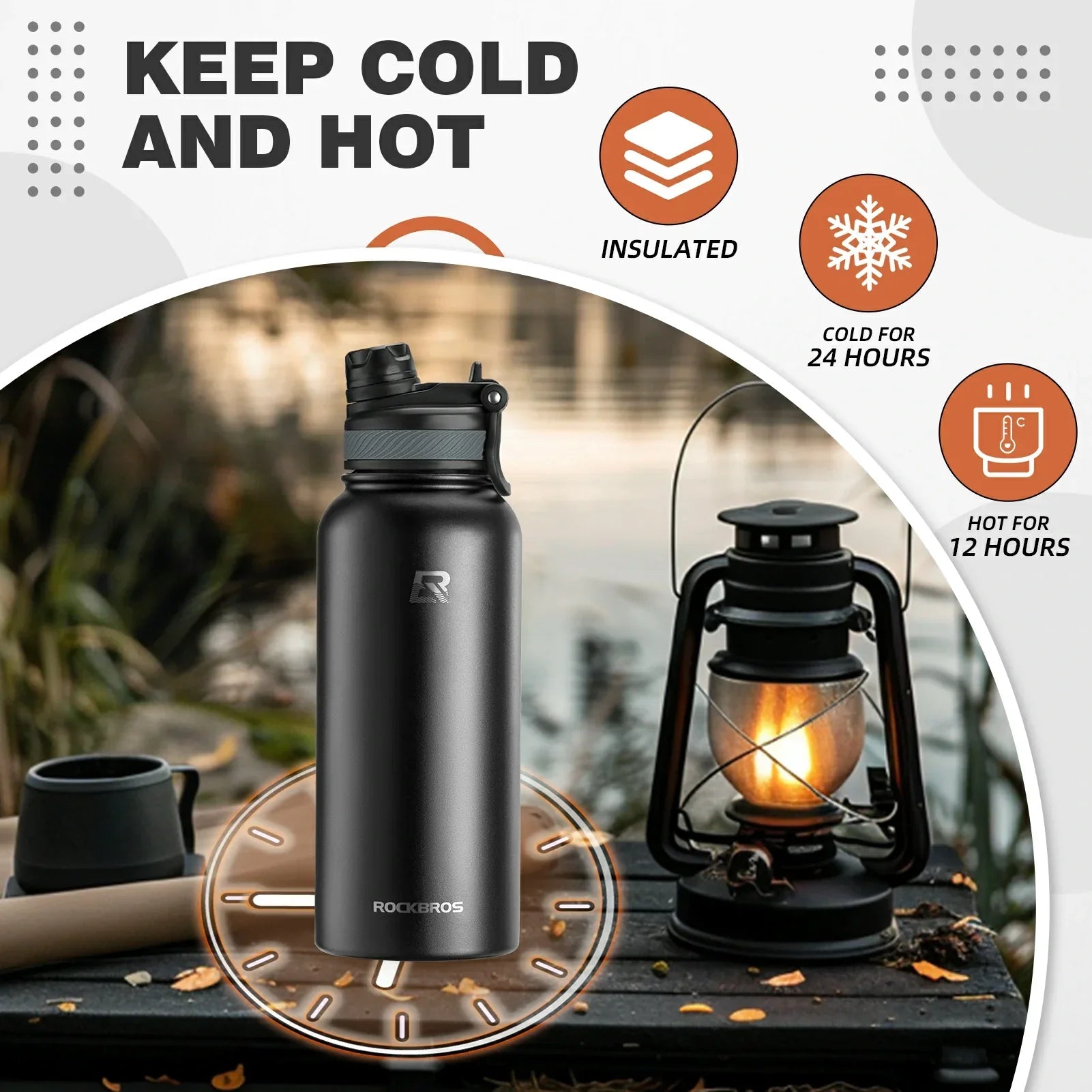 ROCKBROS Stainless Steel Insulated Water Bottle with Straw